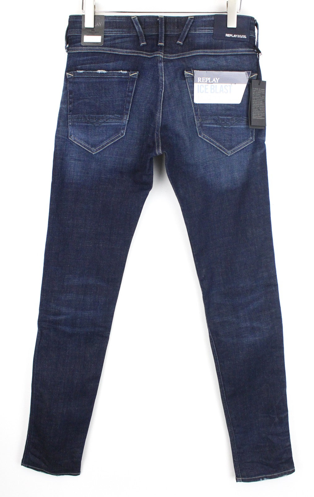REPLAY Anbass Ice Blast vyriški W30/L34 ploni tamprūs džinsai su blukintu užtrauktuku, mėlyni 