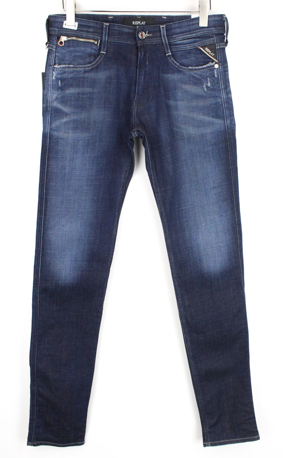 REPLAY Anbass Ice Blast vyriški W30/L34 ploni tamprūs džinsai su blukintu užtrauktuku, mėlyni 