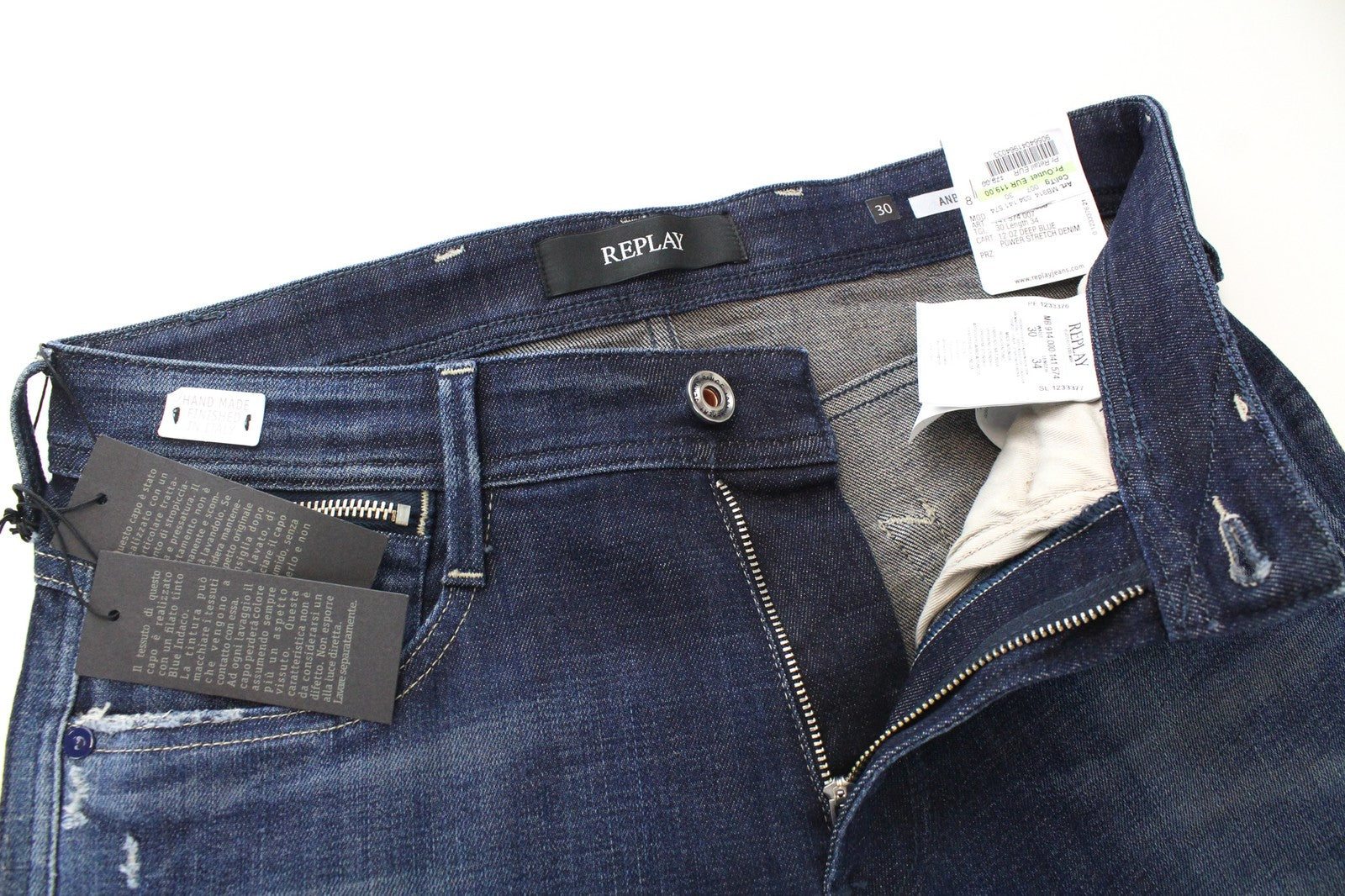 REPLAY Anbass Ice Blast vyriški W30/L34 ploni tamprūs džinsai su blukintu užtrauktuku, mėlyni 