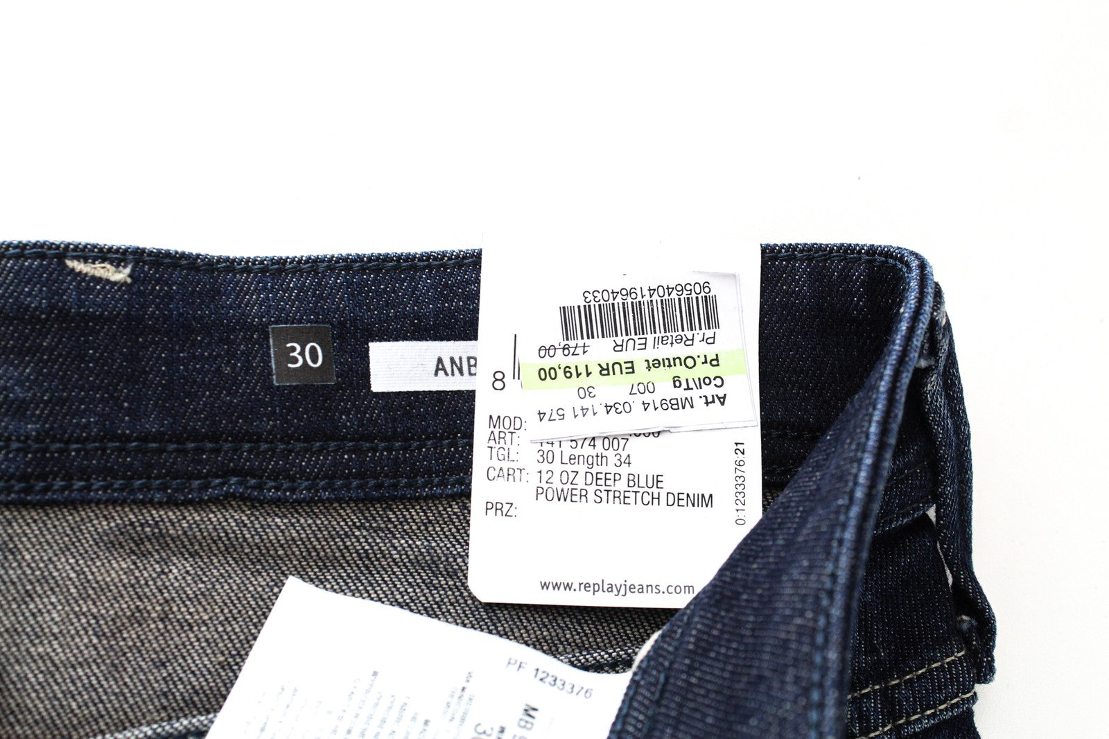 REPLAY Anbass Ice Blast vyriški W30/L34 ploni tamprūs džinsai su blukintu užtrauktuku, mėlyni 