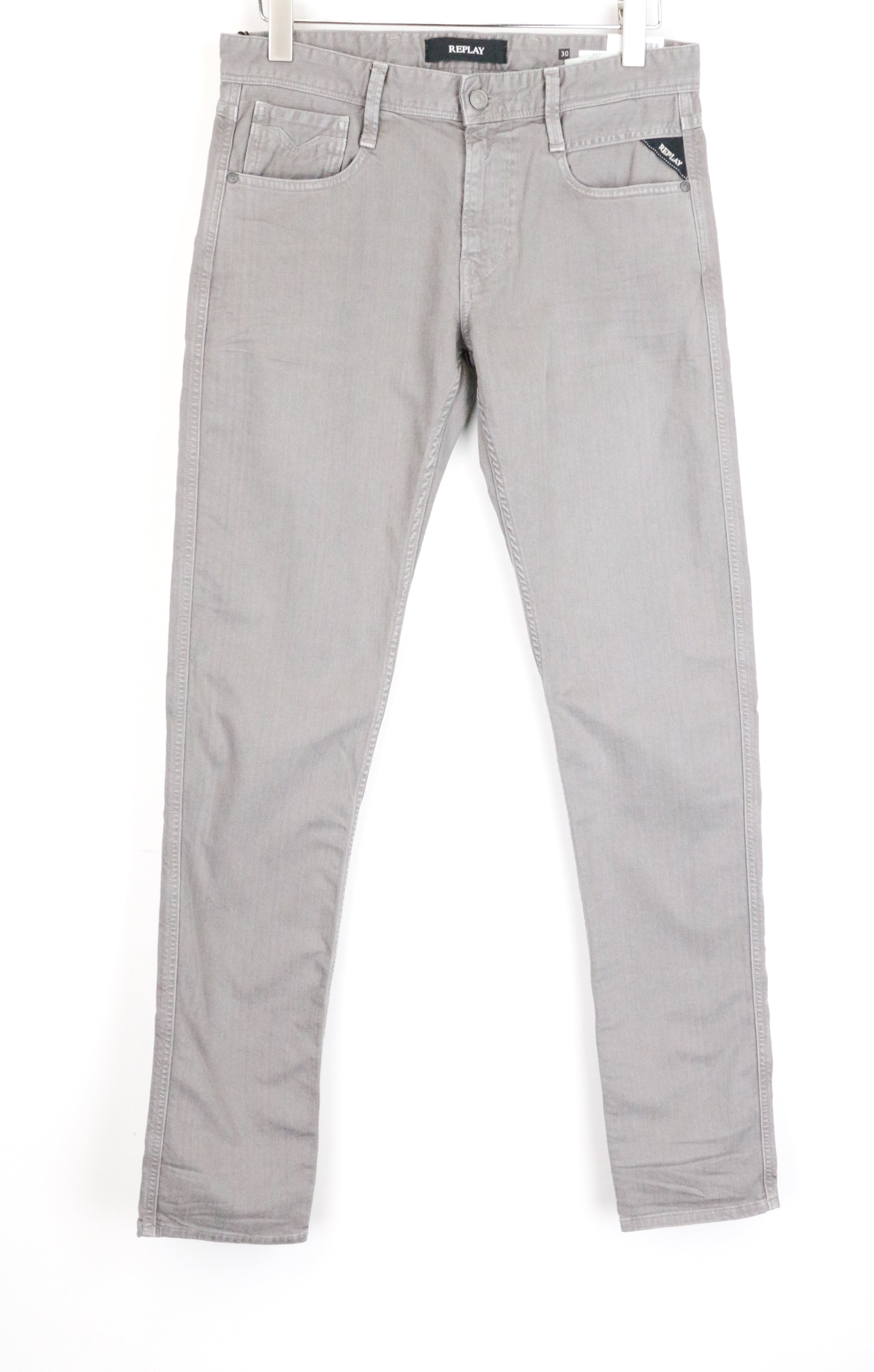 REPLAY Anbass vyriški šviesiai pilki W30/L34 stiliaus ploni tamprūs džinsai su užtrauktuku 