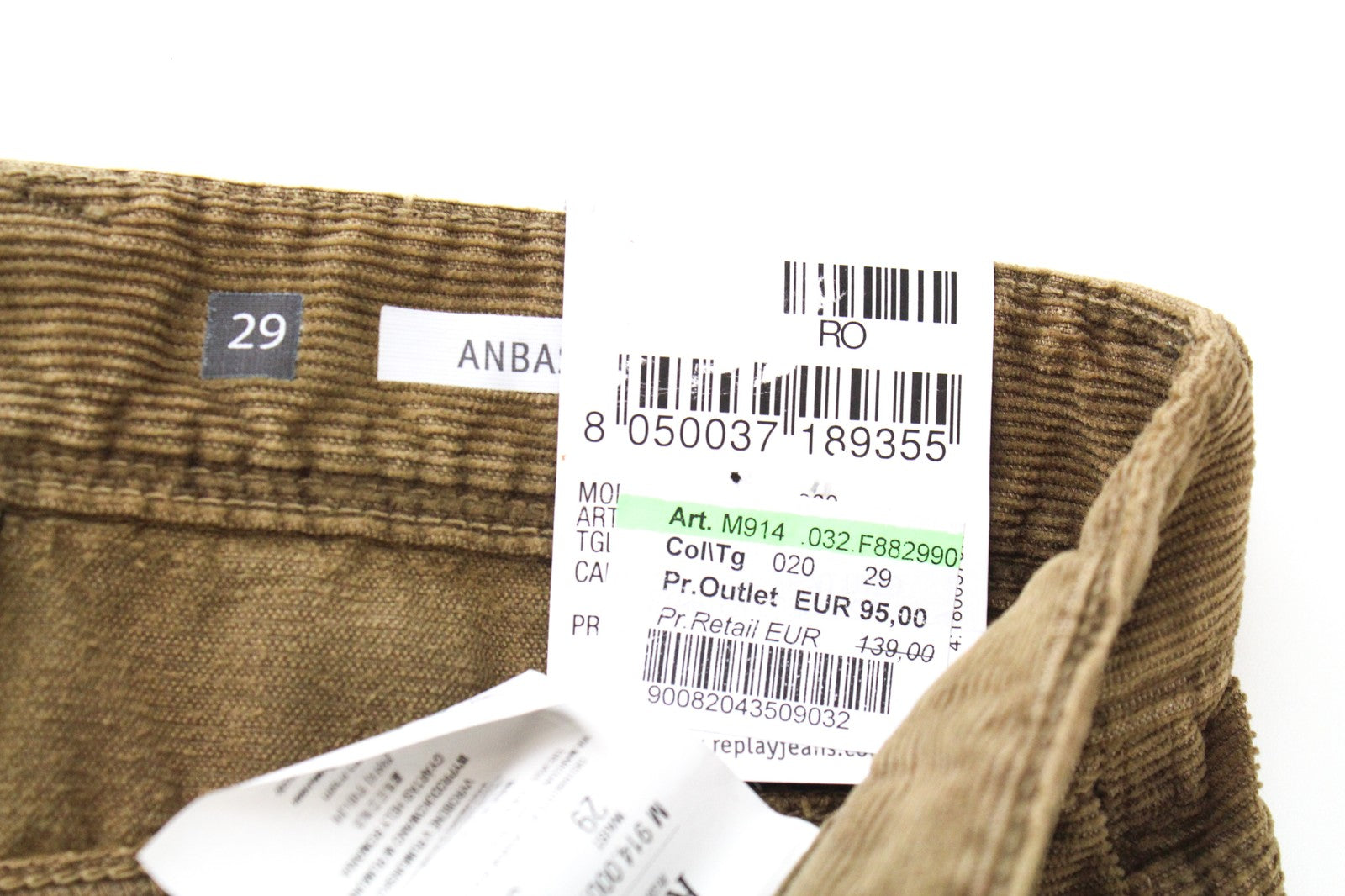 REPLAY Anbass Men's W29/L32 Mustard Brown Corduroy Slim Button-Fly Trousers