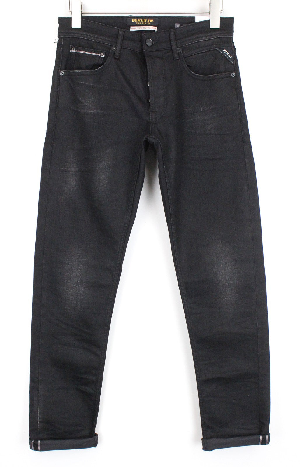 REPLAY Grover W30/L34 Black Selvedge Straight Fit Stretch Cotton Wash Jeans