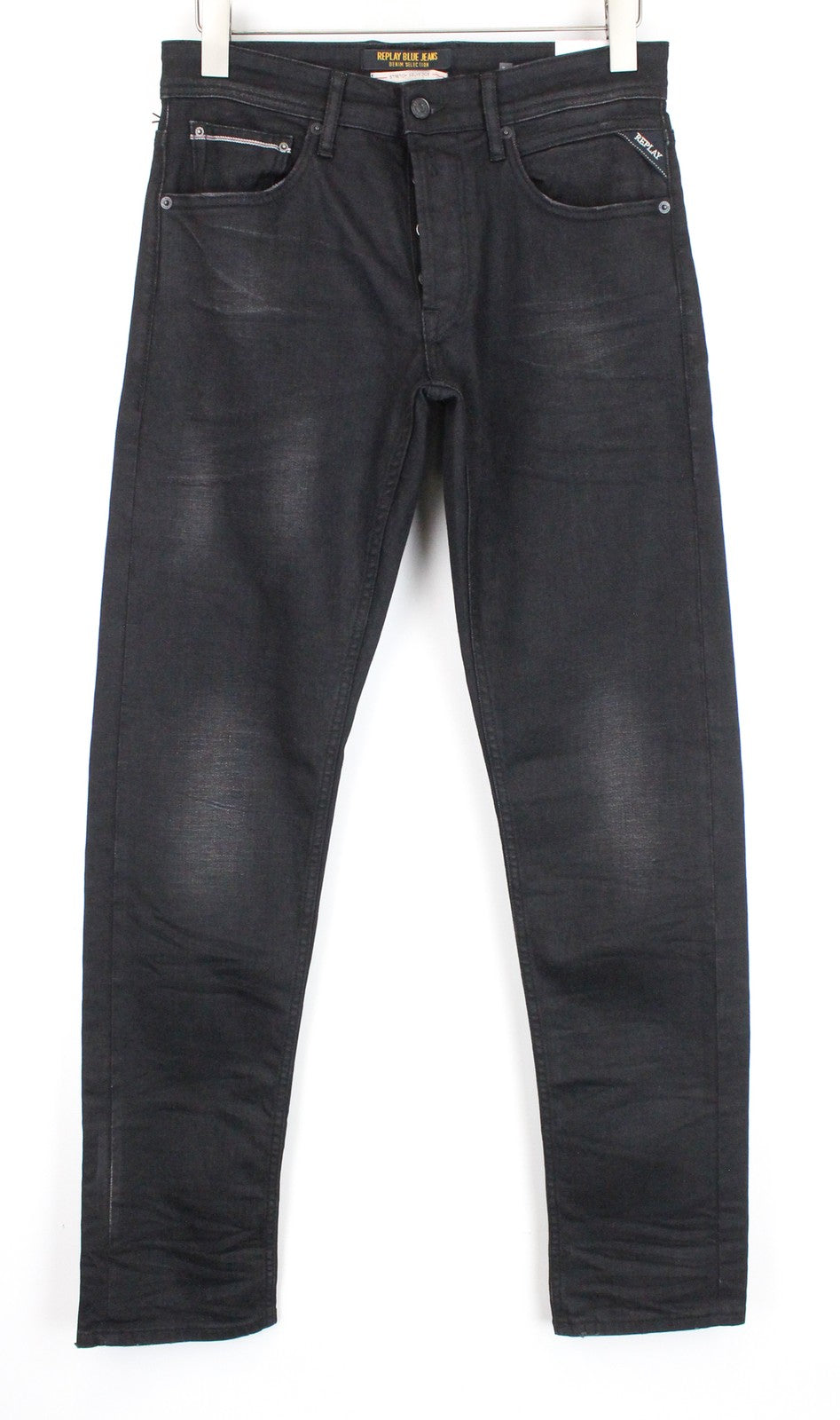 REPLAY Grover W30/L34 Black Selvedge Straight Fit Stretch Cotton Wash Jeans