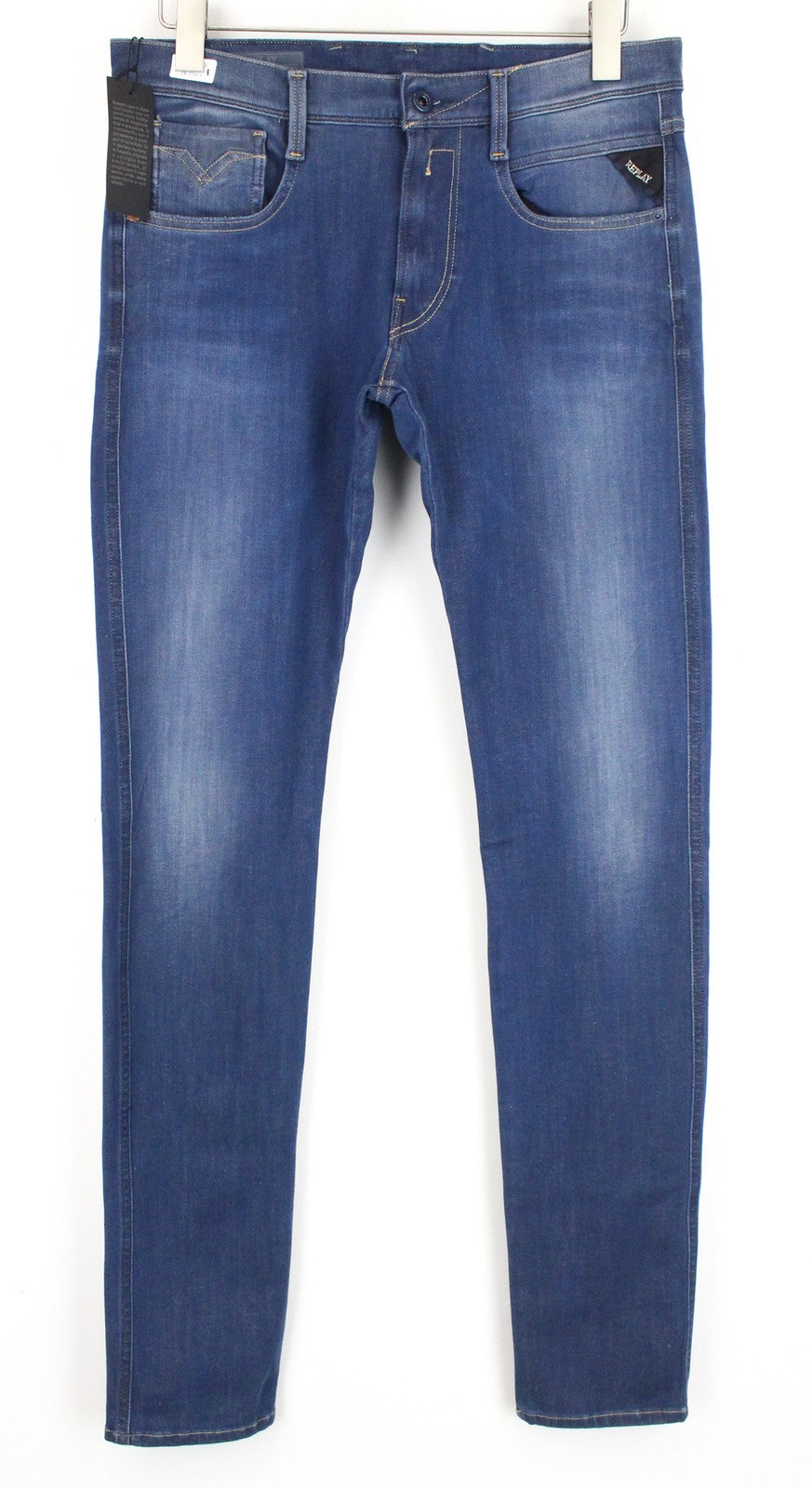 REPLAY Anbass W31/L36 Slim Fit mėlyni skalbtos tamprios medvilnės džinsai su 5 kišenėmis 