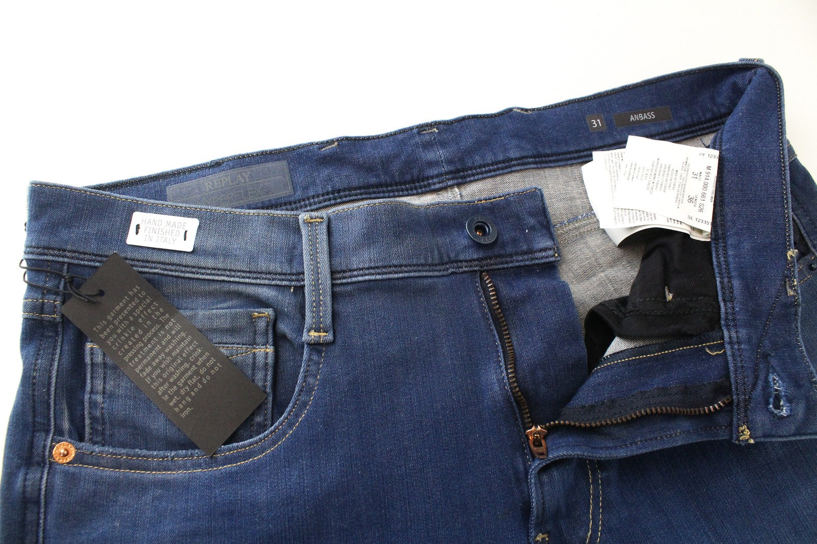 REPLAY Anbass W31/L36 Slim Fit mėlyni skalbtos tamprios medvilnės džinsai su 5 kišenėmis 