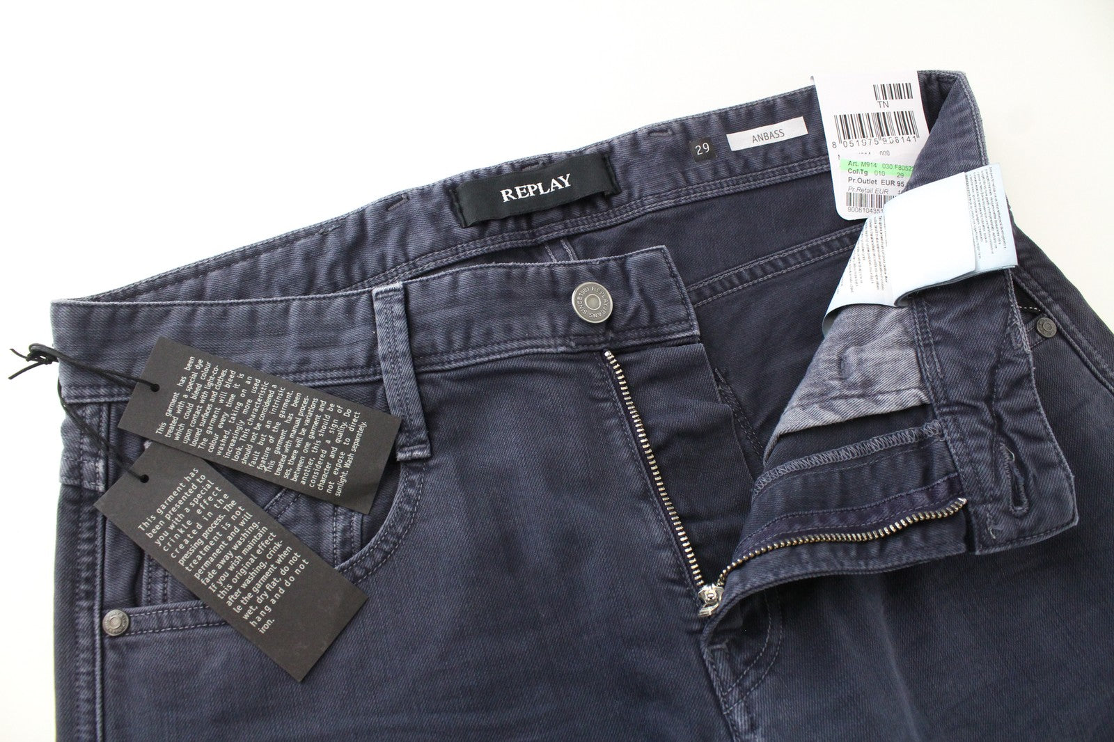 REPLAY Anbass W29/L30 vyriški ploni mėlyni tamprūs džinsai su 5 kišenėmis 