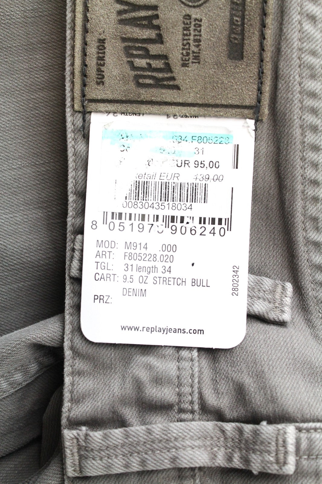 REPLAY W31/L34 Anbass džinsai, prigludę, tamprūs, pilki, medvilniniai, su 5 kišenėmis 
