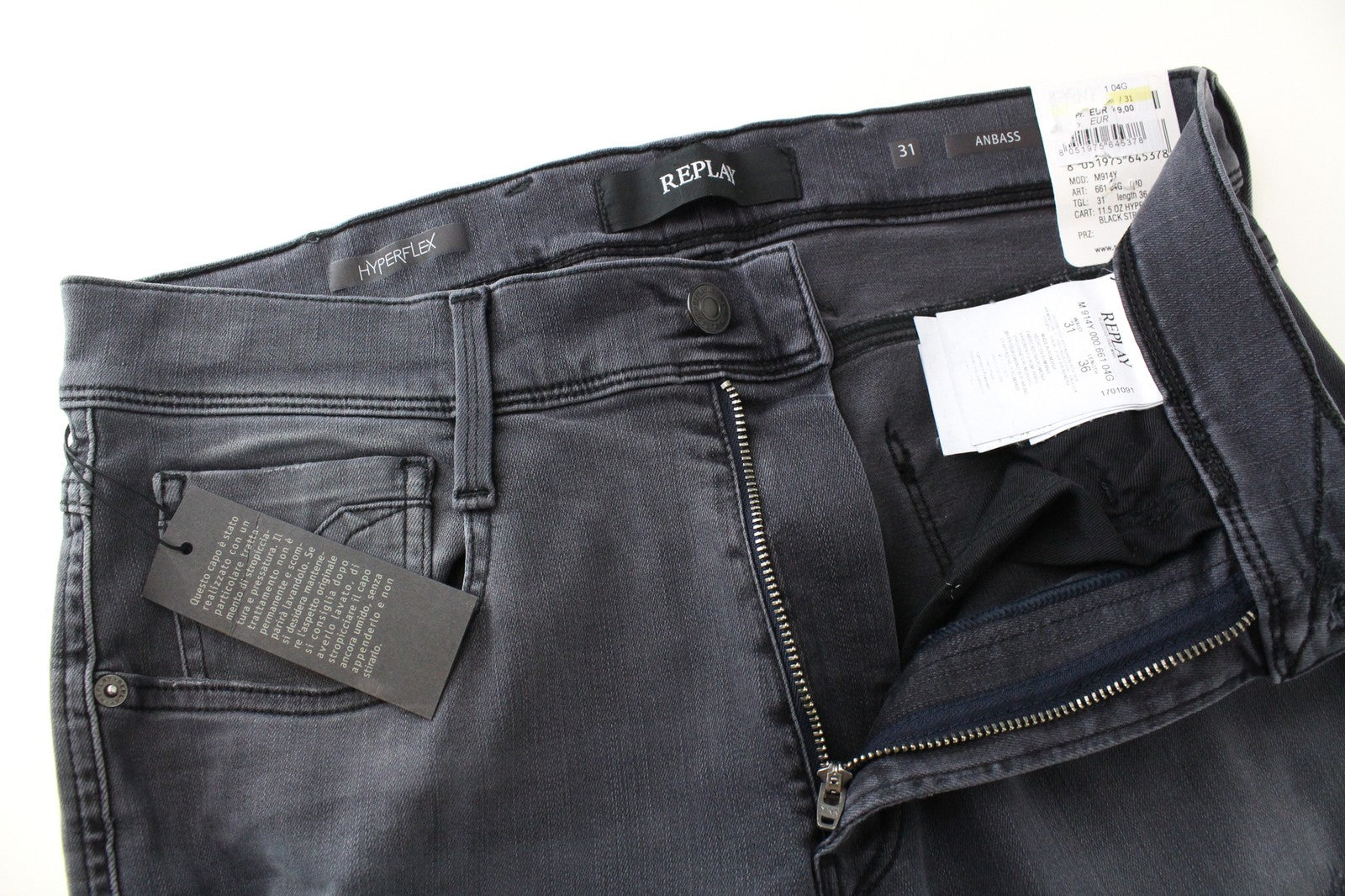 REPLAY W31/L36 Anbass pilki skalbti tamprūs medvilniniai aptempti džinsai