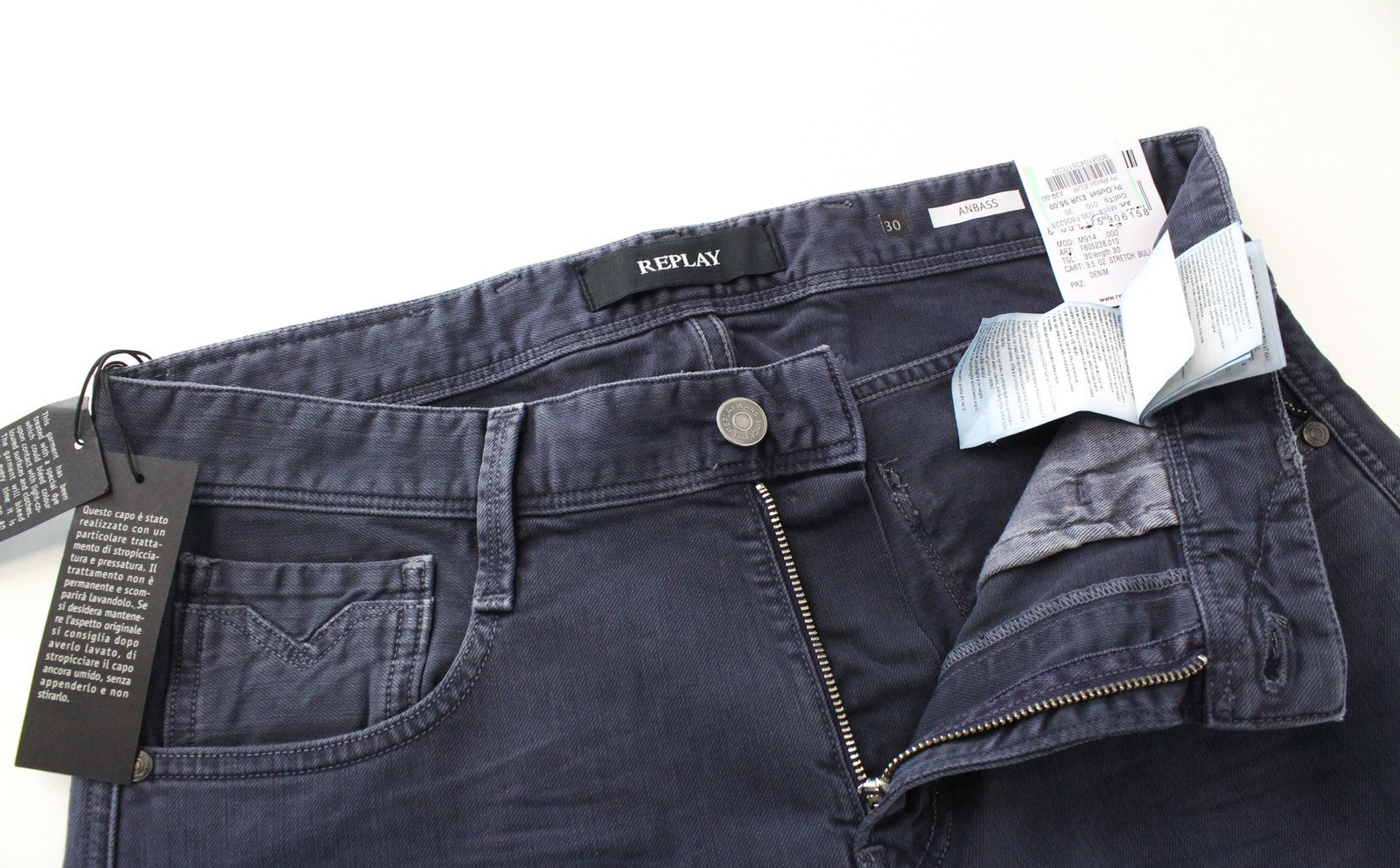 REPLAY W30/L30 vyriški Anbass džinsai, ploni, mėlyni, tamprūs, medvilniniai, su 5 kišenėmis 