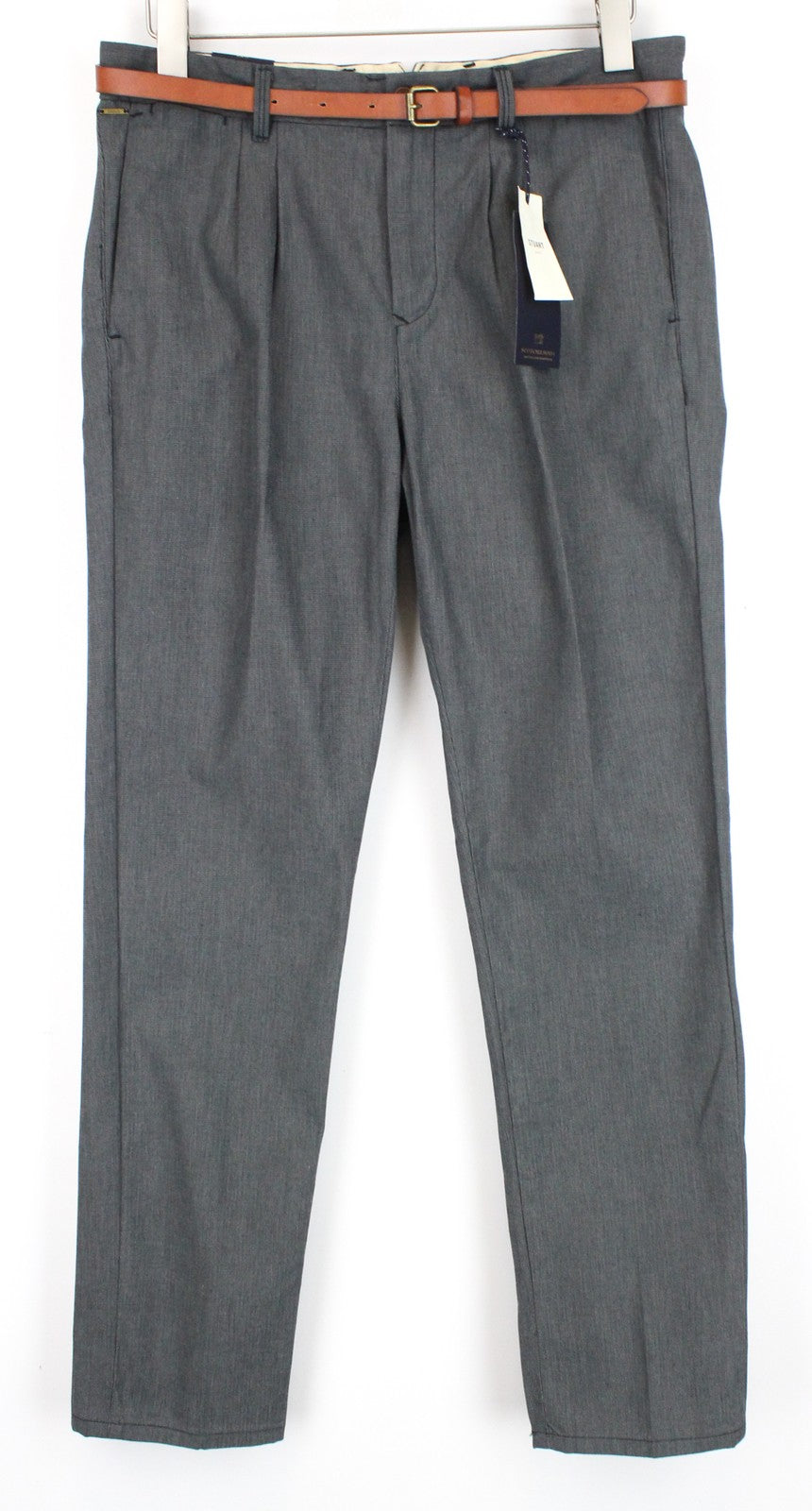 SCOTCH & SODA Stuart W31/L32 Men's Slim Cotton Trousers Grey Pleated Belted