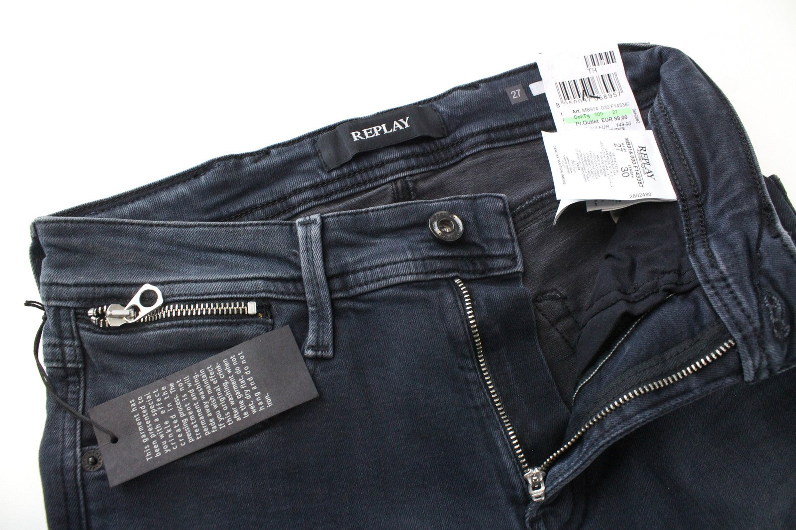 REPLAY Anbass Men W27/L30 Slim Fit Grey Blue Washed Denim Cotton Stretch Jeans