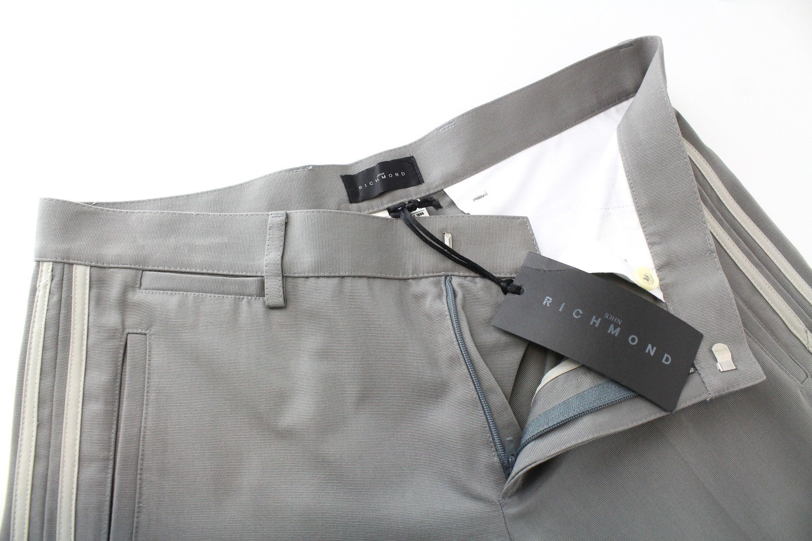 JOHN RICHMOND Men's Trousers 48 Cotton Grey Pleated Pants with Side Stripes