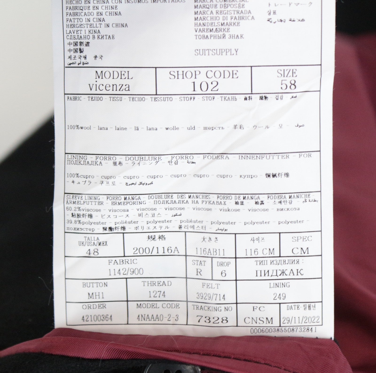 „SUITSUPPLY Vicenza“ vyriškas paltas, juodas, vilnonis, vieneilis, su pamušalu, UK48R 