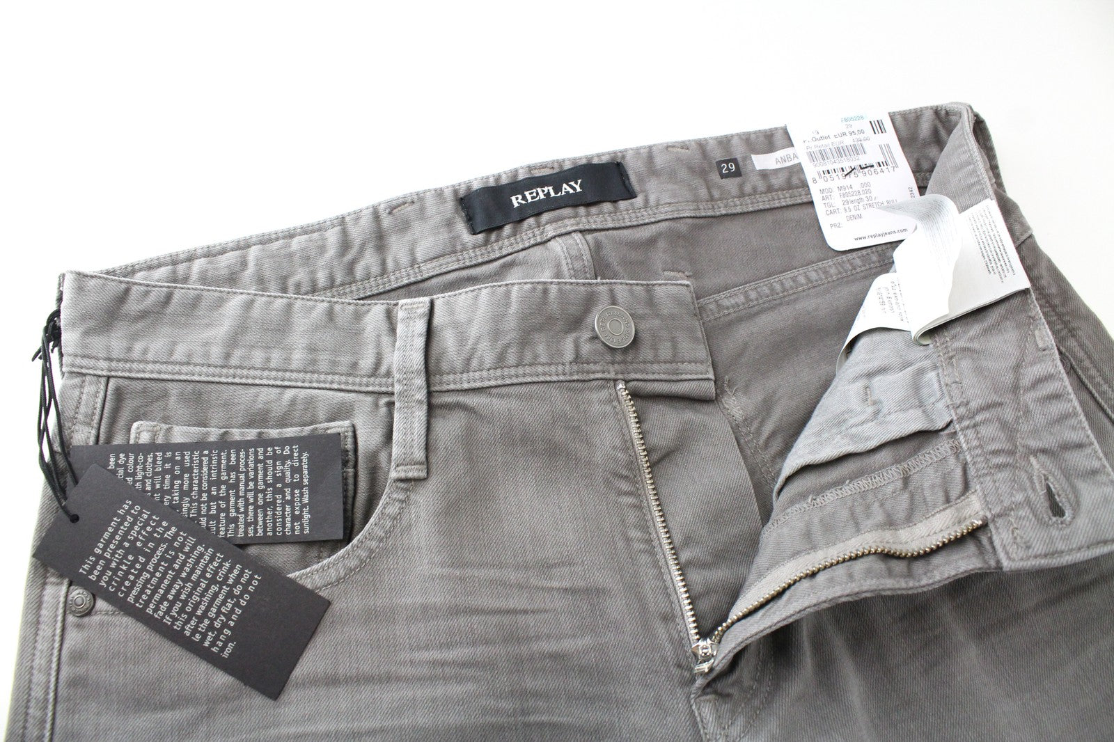 REPLAY Anbass W29/L30 vyriški ploni medvilniniai tamprūs pilki laisvalaikio džinsai su 5 kišenėmis 