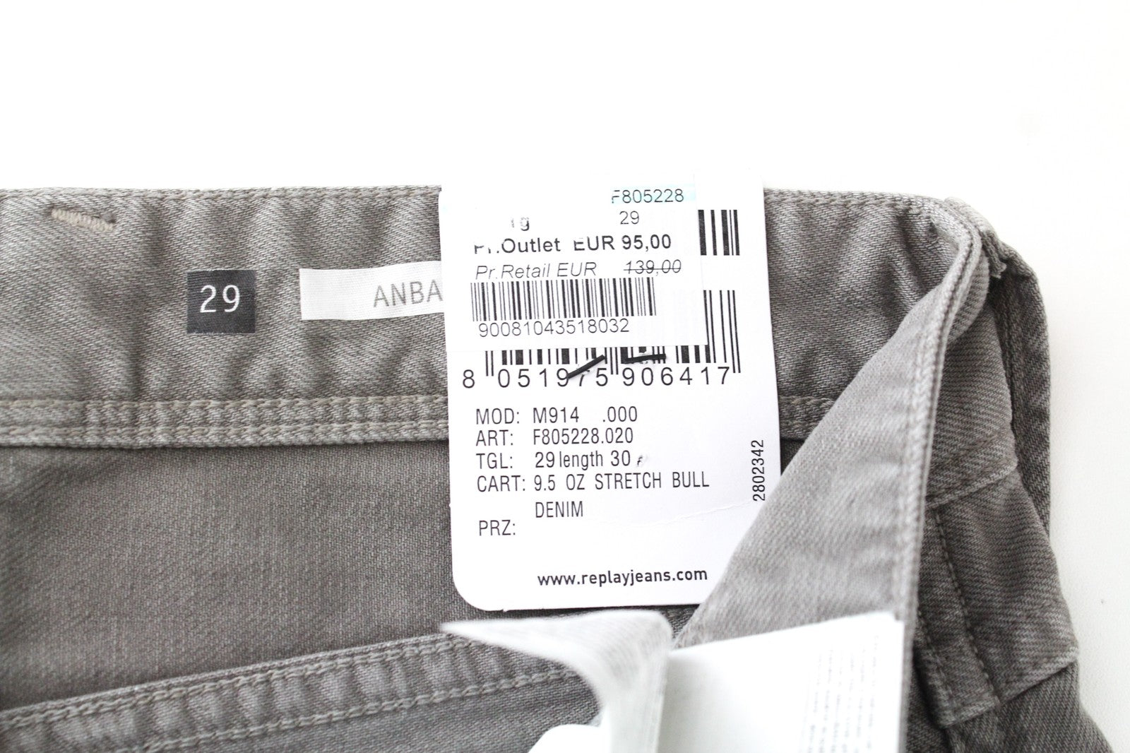 REPLAY Anbass W29/L30 vyriški ploni medvilniniai tamprūs pilki laisvalaikio džinsai su 5 kišenėmis 