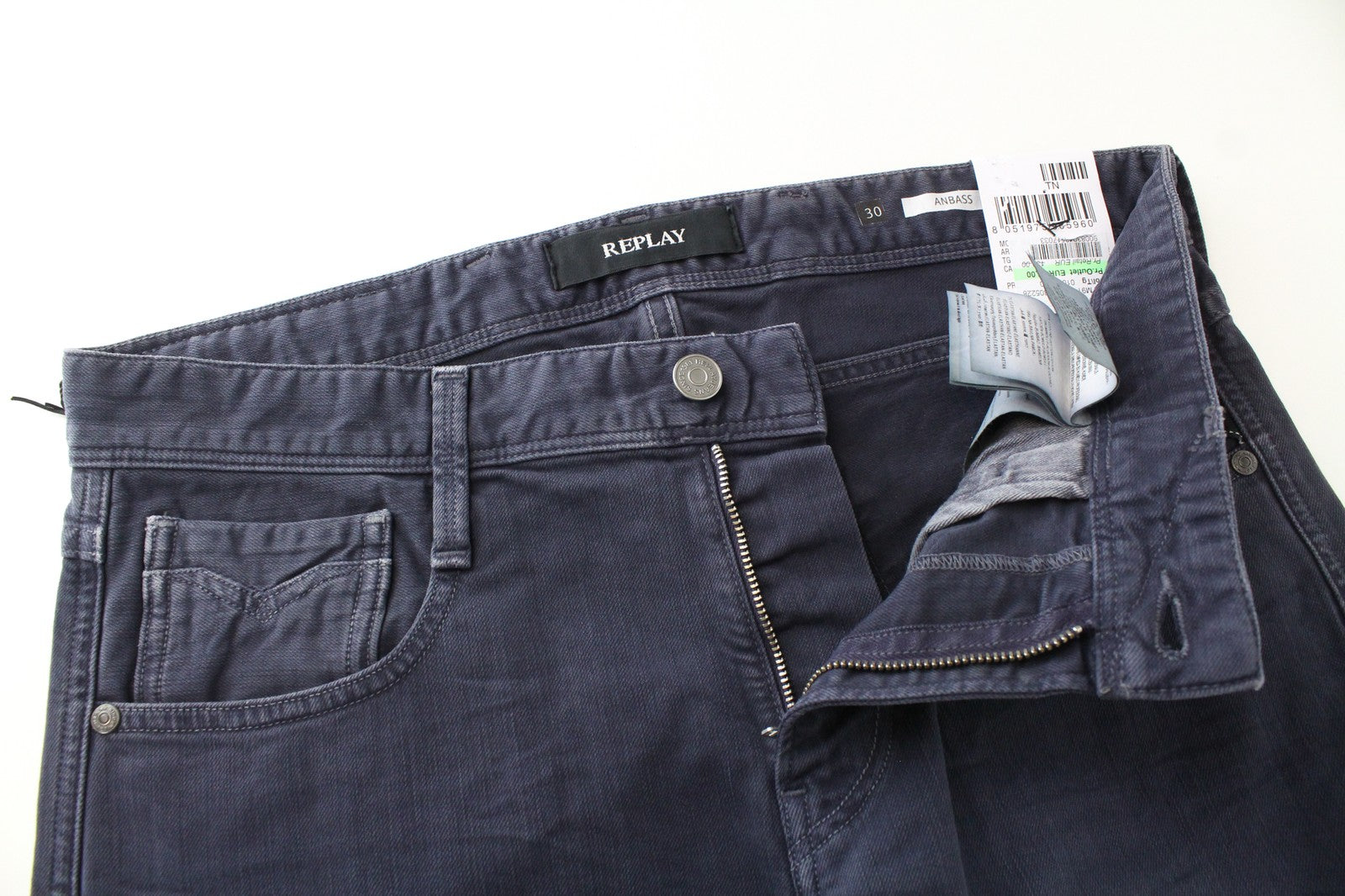 REPLAY vyriški Anbass džinsai W30/L34 Slim Fit mėlyni tamprūs džinsai su 5 kišenėmis 