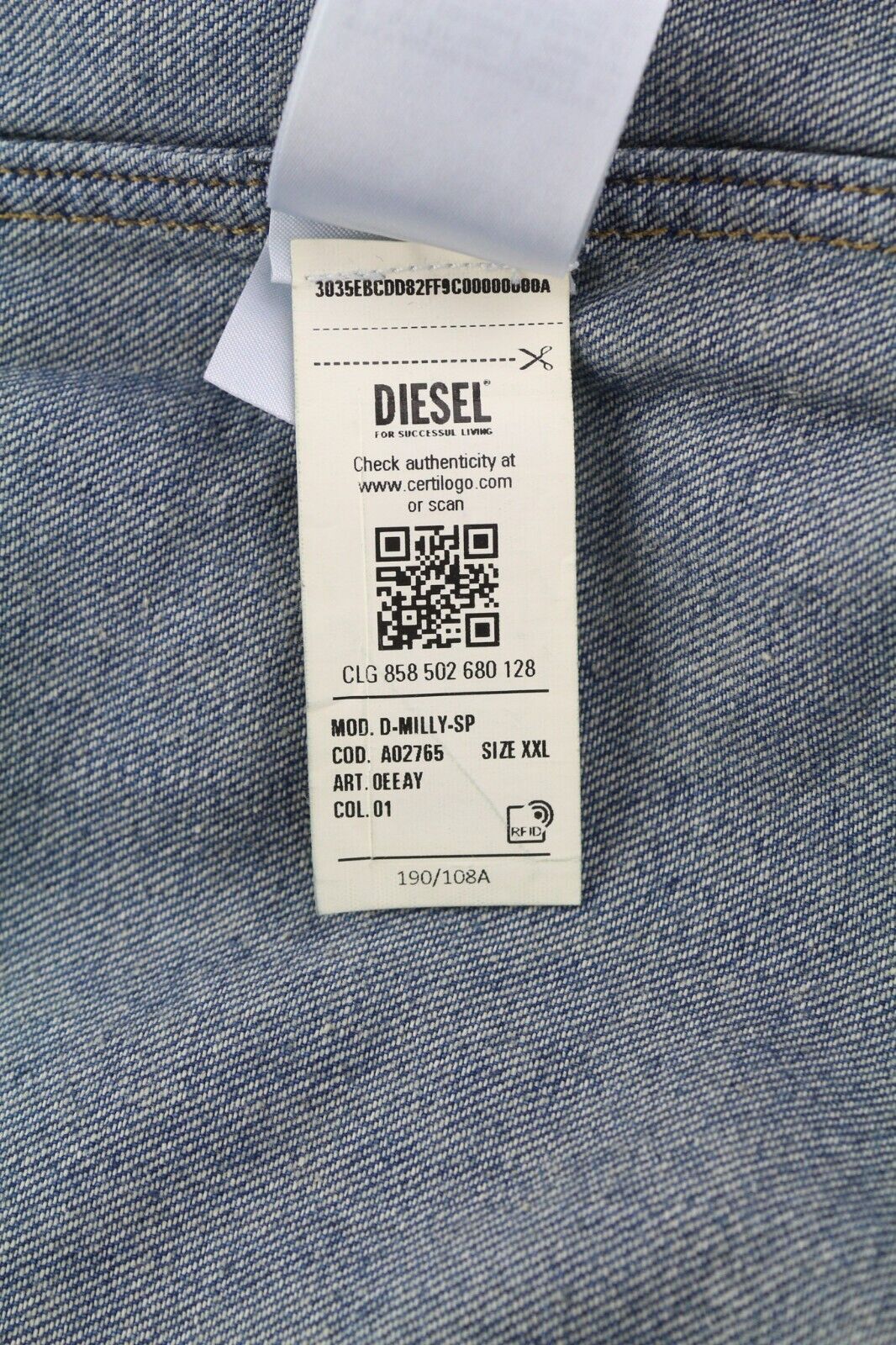 DIESEL D-Milly-Sp vyriški marškinėliai, 2XL, džinsiniai, su spaudėmis, išplatinta kaklo iškirpte, mėlyni. Rekomenduojama kaina – 195 €.