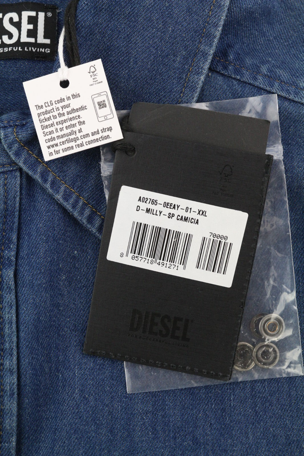 DIESEL D-Milly-Sp vyriški marškinėliai, 2XL, džinsiniai, su spaudėmis, išplatinta kaklo iškirpte, mėlyni. Rekomenduojama kaina – 195 €.