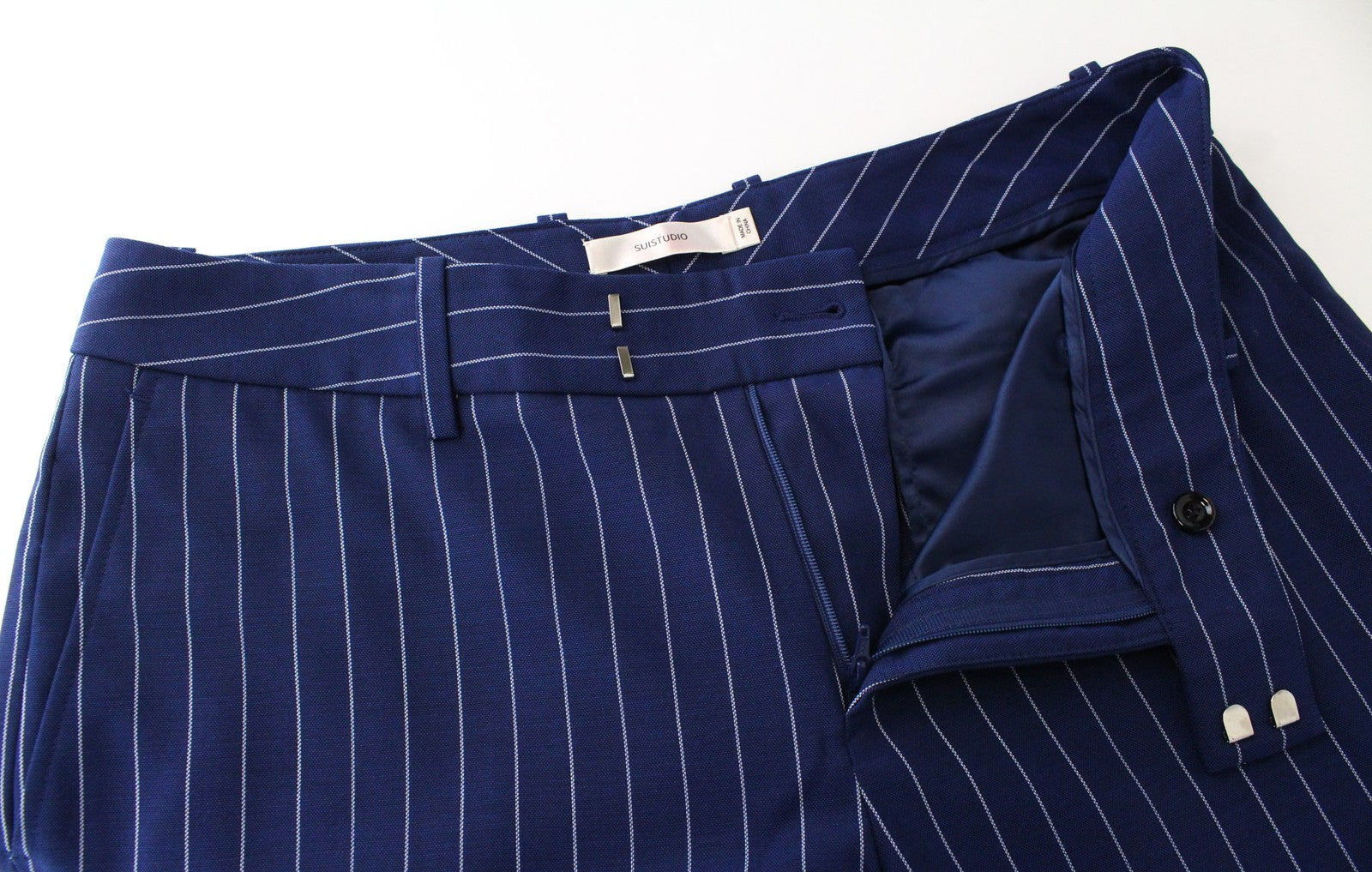 SUISTUDIO Robin UK14S moteriškos mėlynos vilnonės dryžuotos klostuotos kelnės 