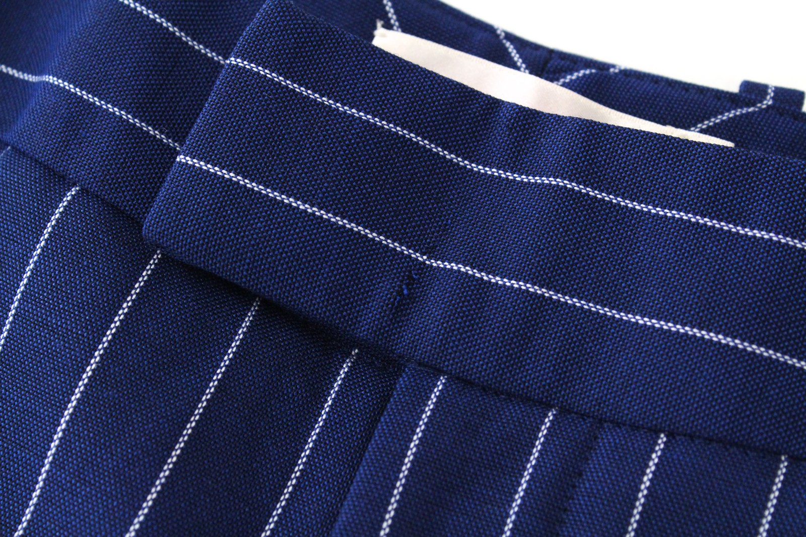 SUISTUDIO Robin UK14S moteriškos mėlynos vilnonės dryžuotos klostuotos kelnės 