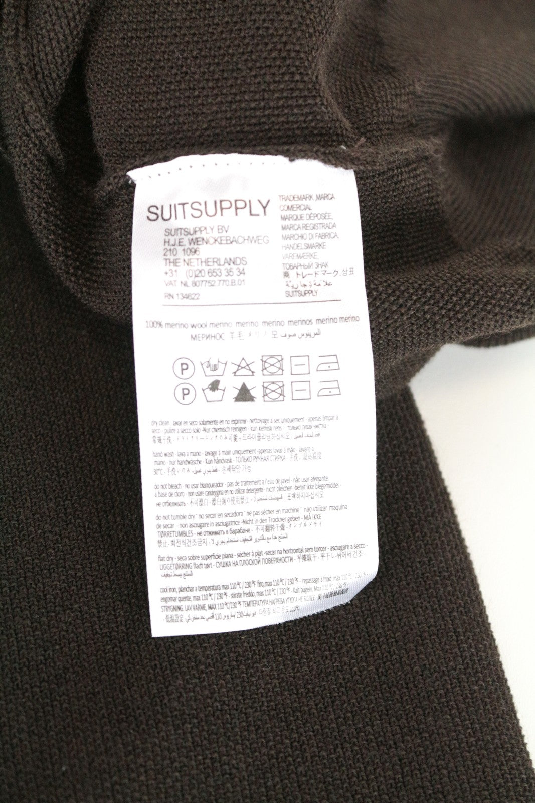 SUITSUPPLY XS vyriškas tamsiai rudas merino vilnos džemperis su megztiniu gobtuvu 