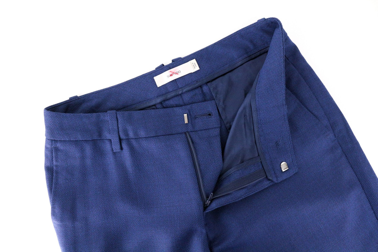 SUISTUDIO UK8R moteriškos mėlynos vilnonės kelnės su atlenkiamomis klostėmis klasikinio stiliaus 