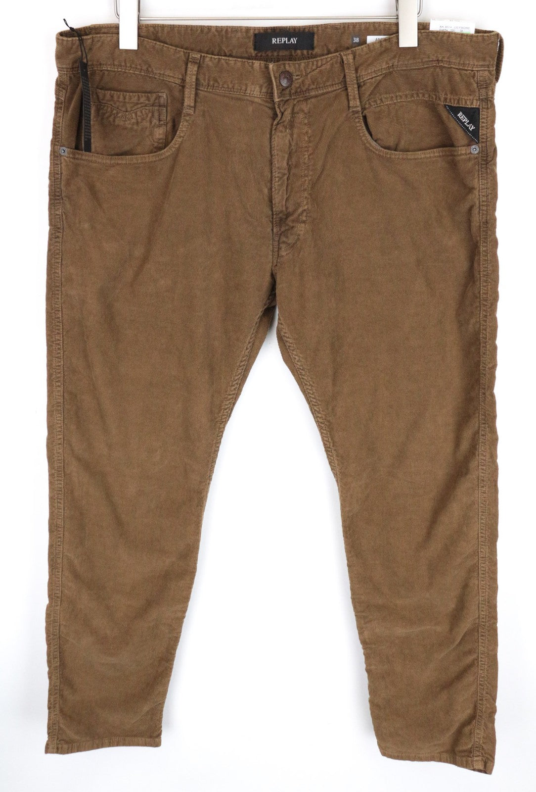 REPLAY Anbass vyriškos W38/L30 rudos, plonos, tamprios velveto kelnės 