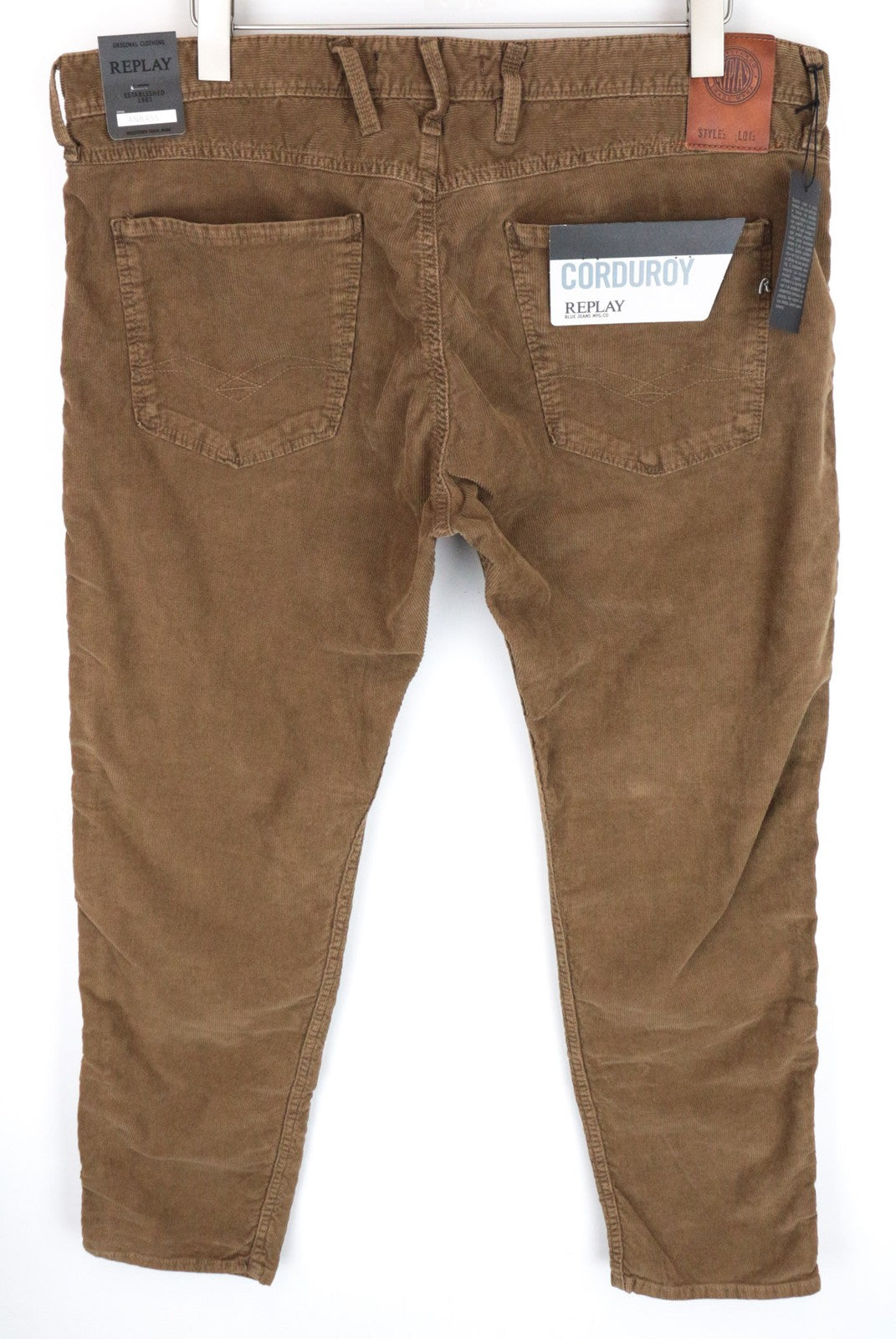 REPLAY Anbass vyriškos W38/L30 rudos, plonos, tamprios velveto kelnės 