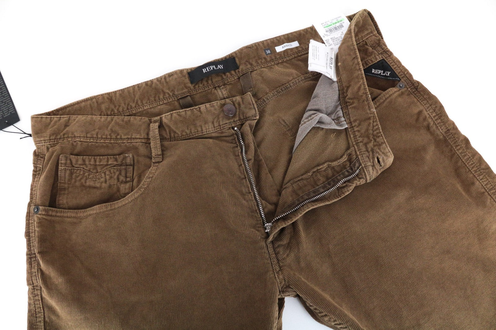 REPLAY Anbass vyriškos W38/L30 rudos, plonos, tamprios velveto kelnės 