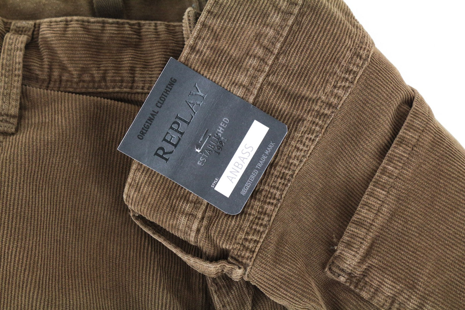 REPLAY Anbass vyriškos W38/L30 rudos, plonos, tamprios velveto kelnės 