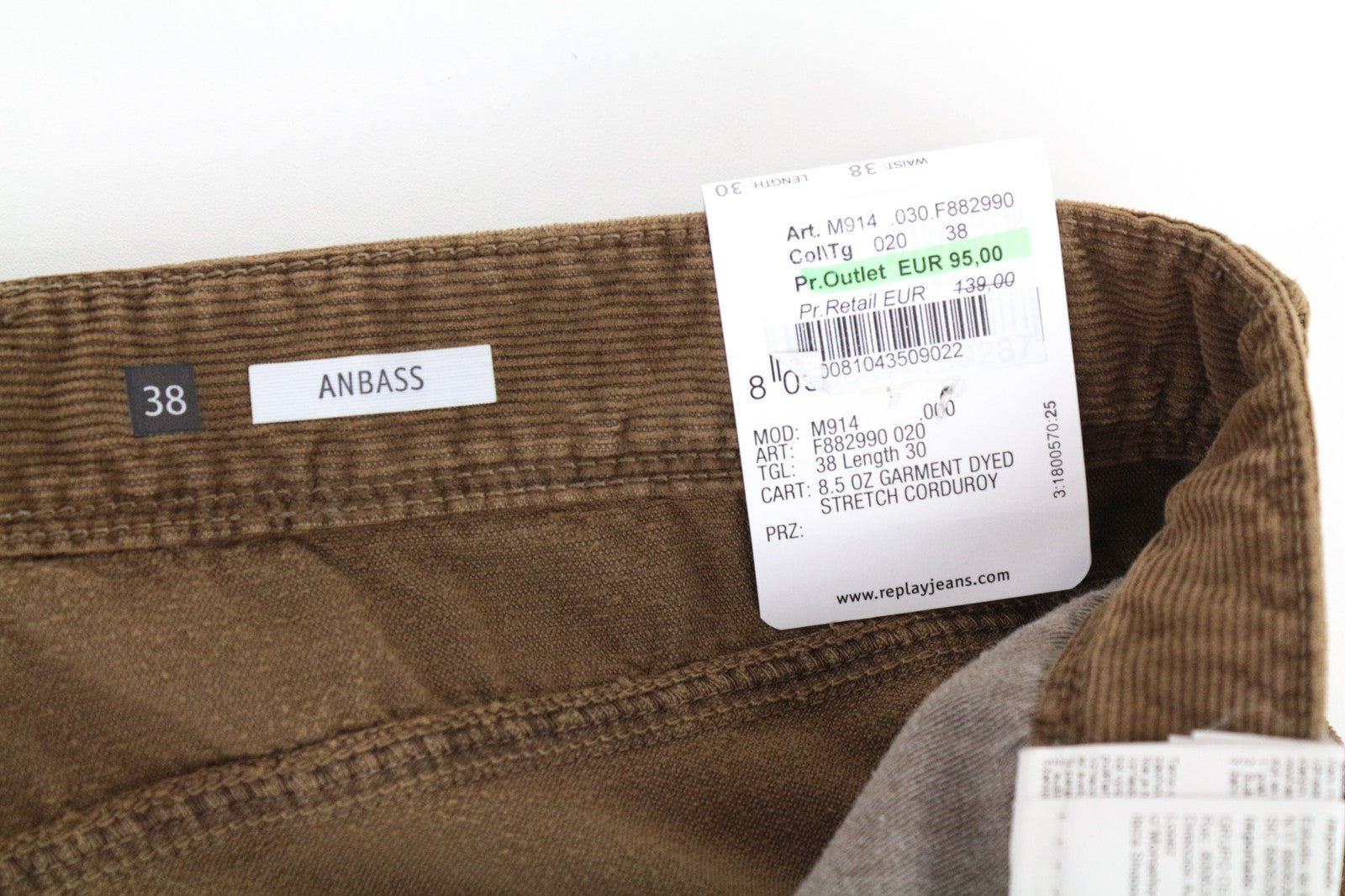 REPLAY Anbass vyriškos W38/L30 rudos, plonos, tamprios velveto kelnės 