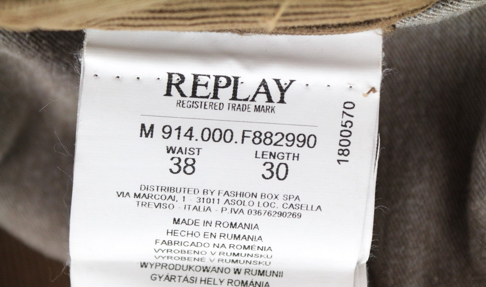 REPLAY Anbass vyriškos W38/L30 rudos, plonos, tamprios velveto kelnės 