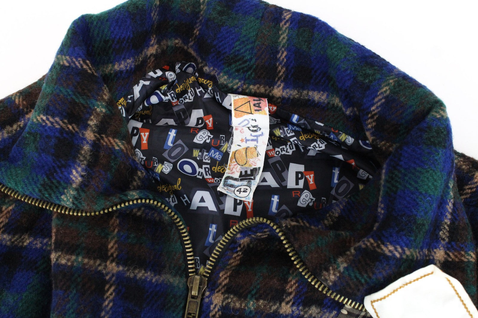 DESIGUAL moteriškas švarkas 42 mėlynas vilnos mišinio languotas trumpomis rankovėmis laisvalaikio stiliaus 