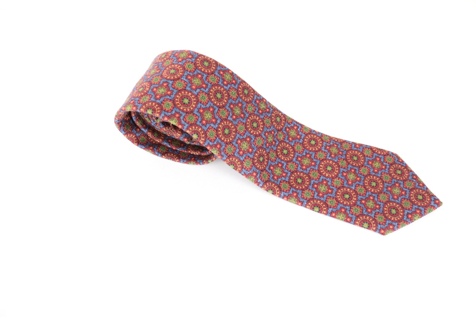 SUITSUPPLY vyriškas kaklaraištis ~150x8,5 raudonai mėlynas raštuotas vilnonis šilkas smailiais galais 