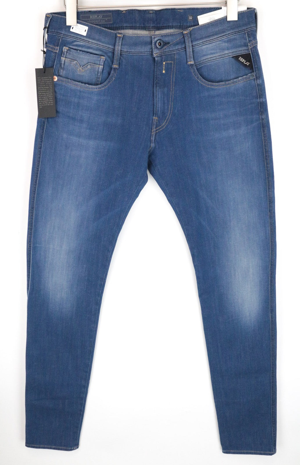 REPLAY Anbass vyriški W32/L36 ploni tamprūs medvilnės mišinio mėlyni džinsai 