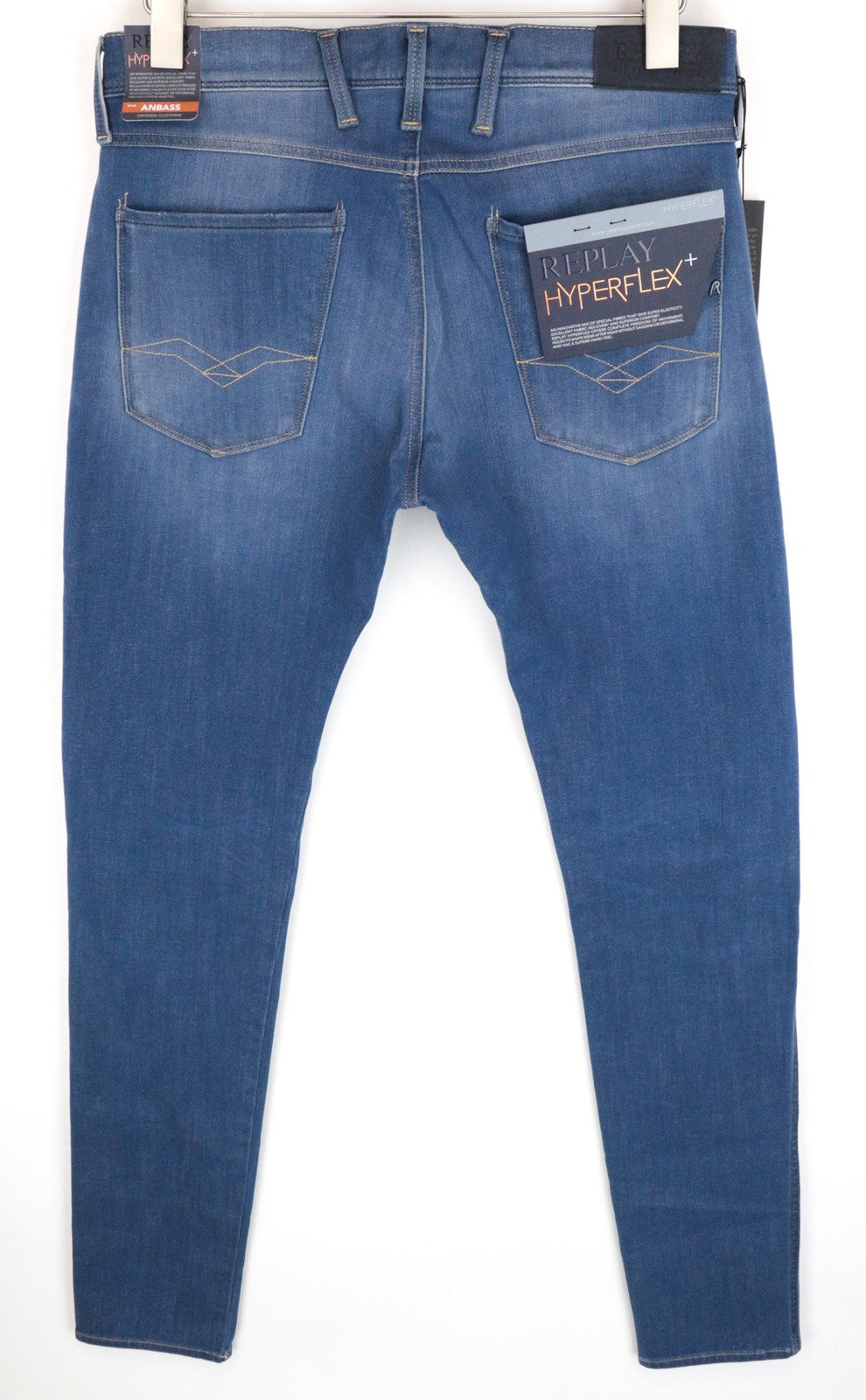 REPLAY Anbass vyriški W32/L36 ploni tamprūs medvilnės mišinio mėlyni džinsai 