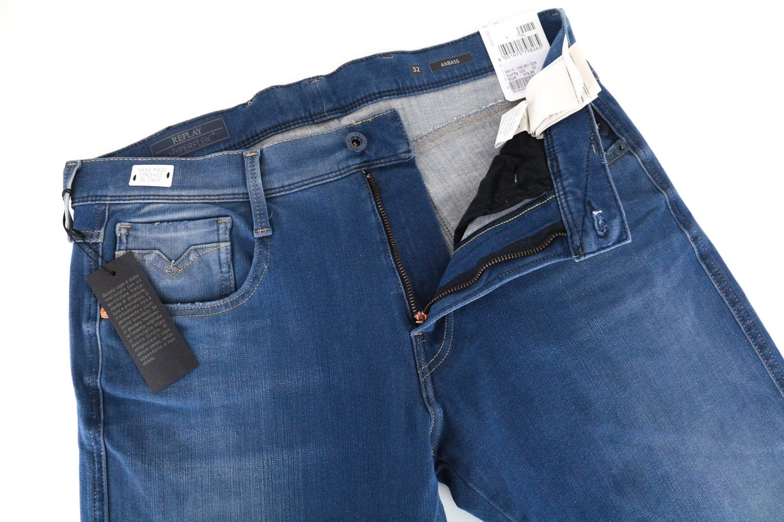 REPLAY Anbass vyriški W32/L36 ploni tamprūs medvilnės mišinio mėlyni džinsai 