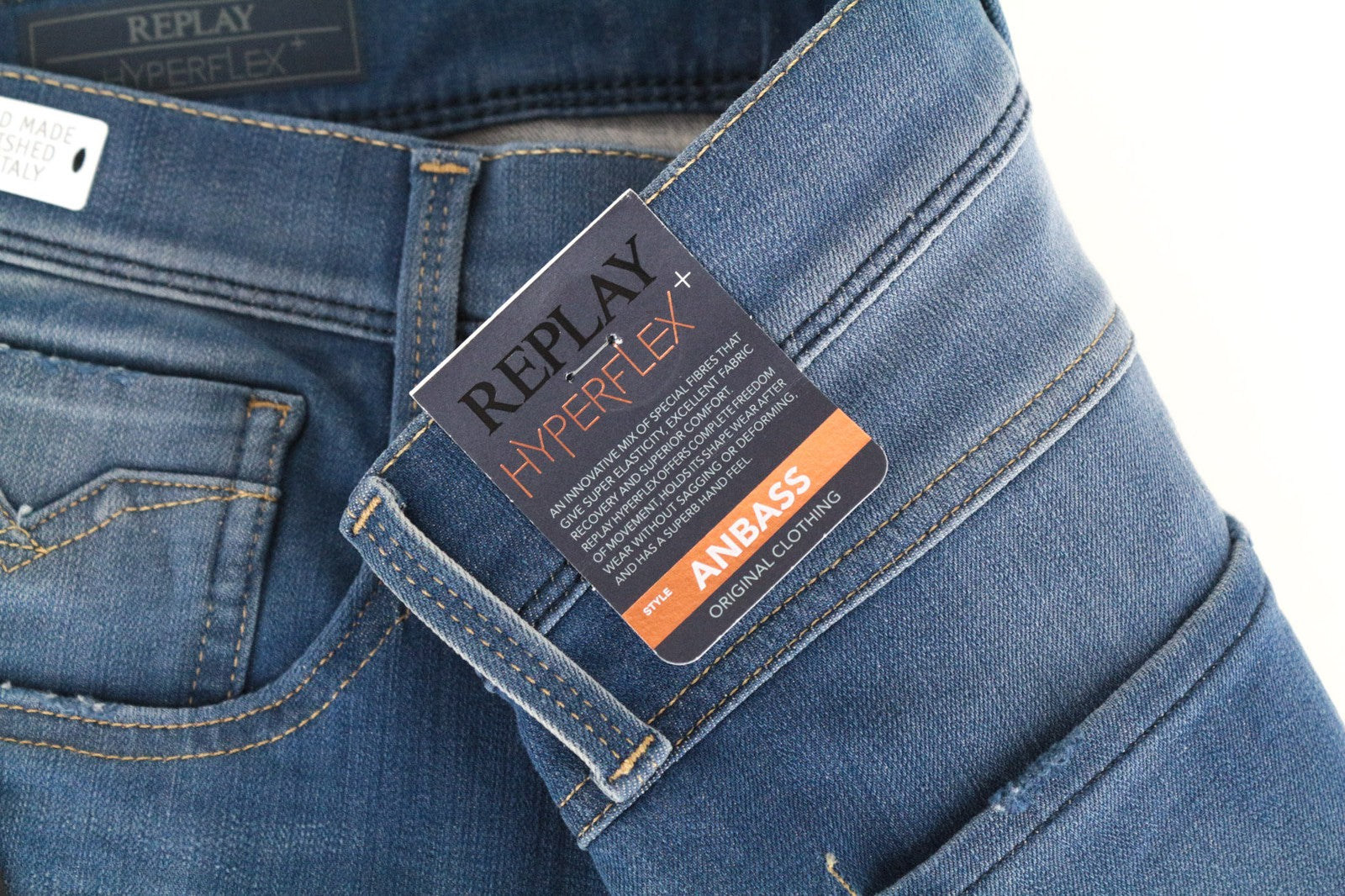 REPLAY Anbass vyriški W32/L36 ploni tamprūs medvilnės mišinio mėlyni džinsai 