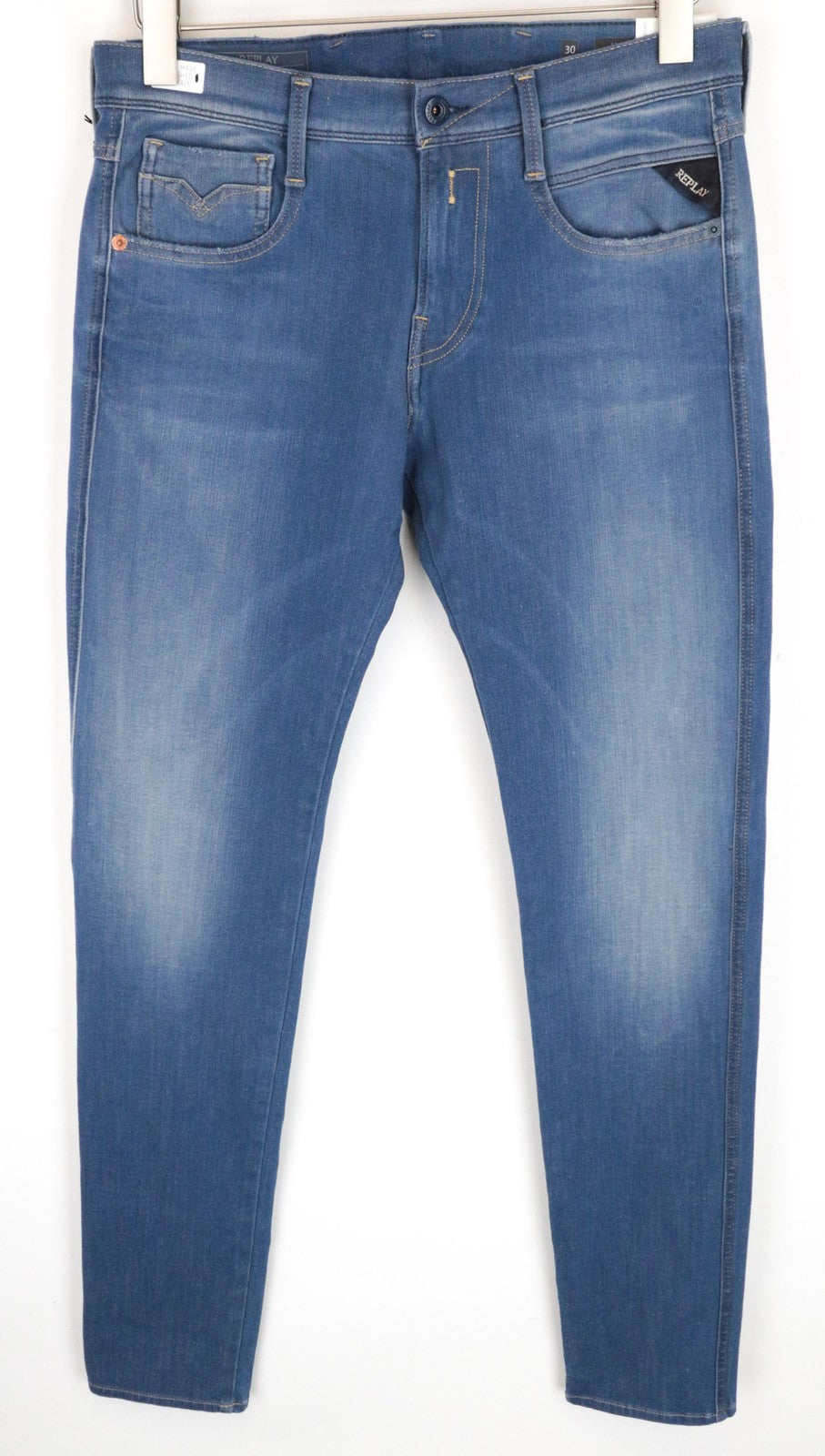 REPLAY Anbass vyriški W30/L34 mėlyni ploni medvilnės mišinio tamprūs džinsai 