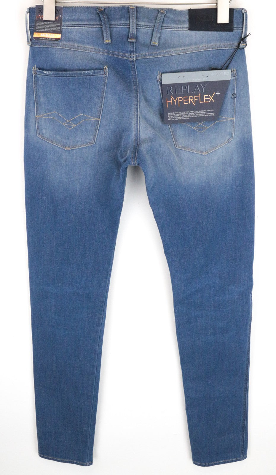 REPLAY Anbass vyriški W30/L34 mėlyni ploni medvilnės mišinio tamprūs džinsai 