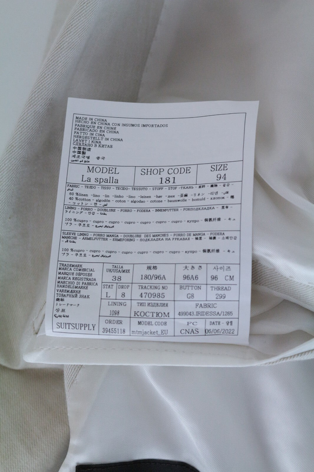 SUITSUPPLY La Spalla Men's UK38L Beige Cotton Linen Blend 2-Piece Suit