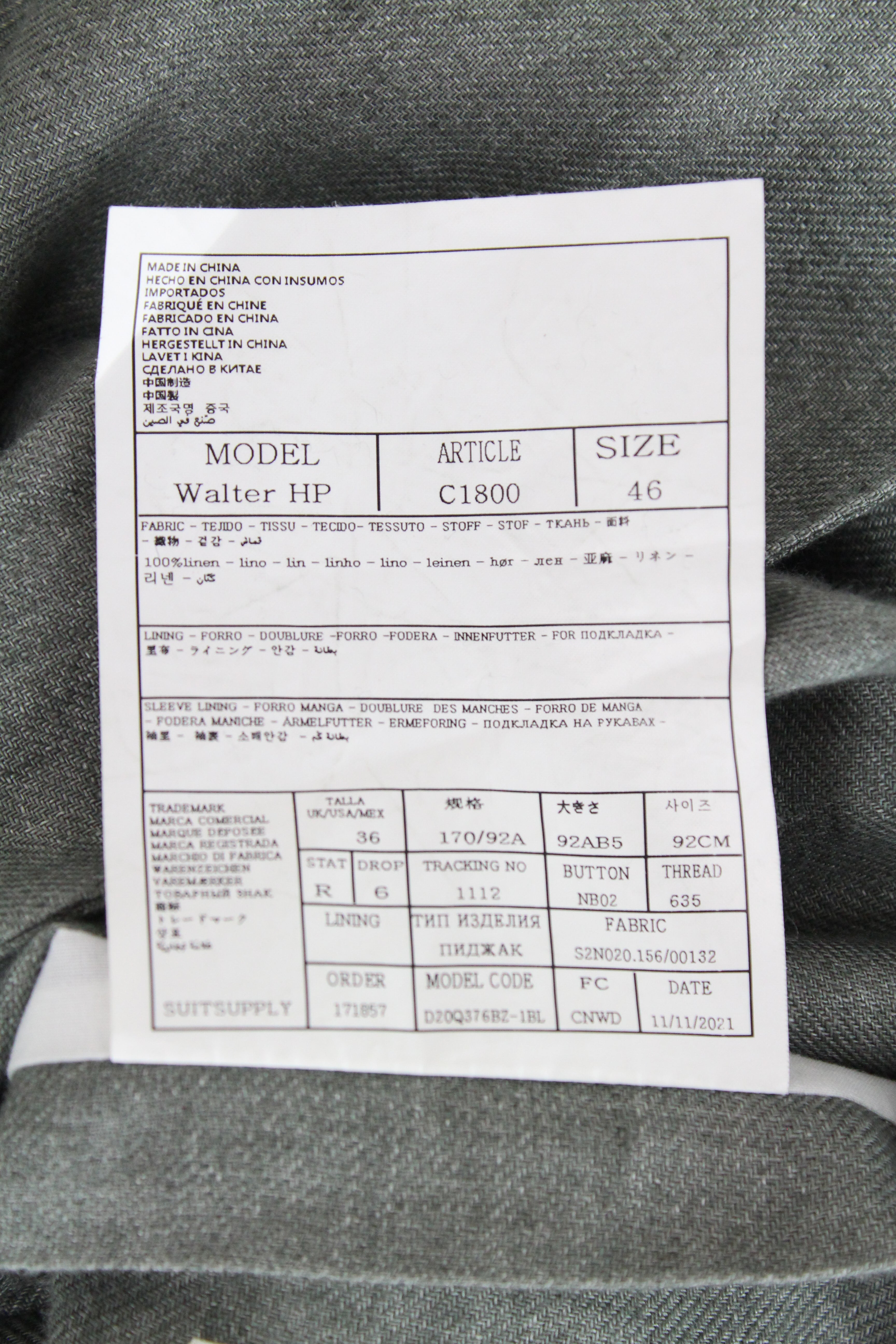 SUITSUPPLY Walter Men's UK36R Lightweight Green Linen 2-Piece Suit