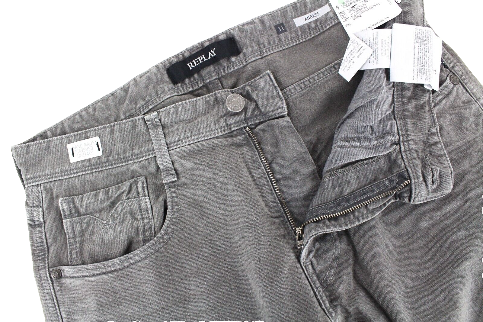 REPLAY Anbass vyriški džinsai W31/L36 pilki skalbtos medvilnės ploni džinsai su 5 kišenėmis, tamprūs 