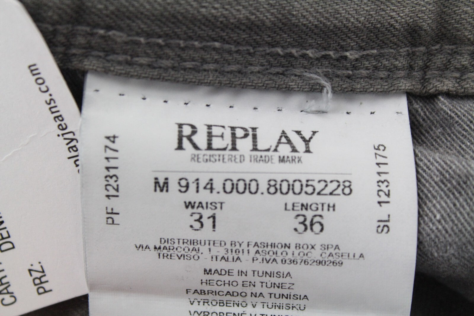 REPLAY Anbass vyriški džinsai W31/L36 pilki skalbtos medvilnės ploni džinsai su 5 kišenėmis, tamprūs 