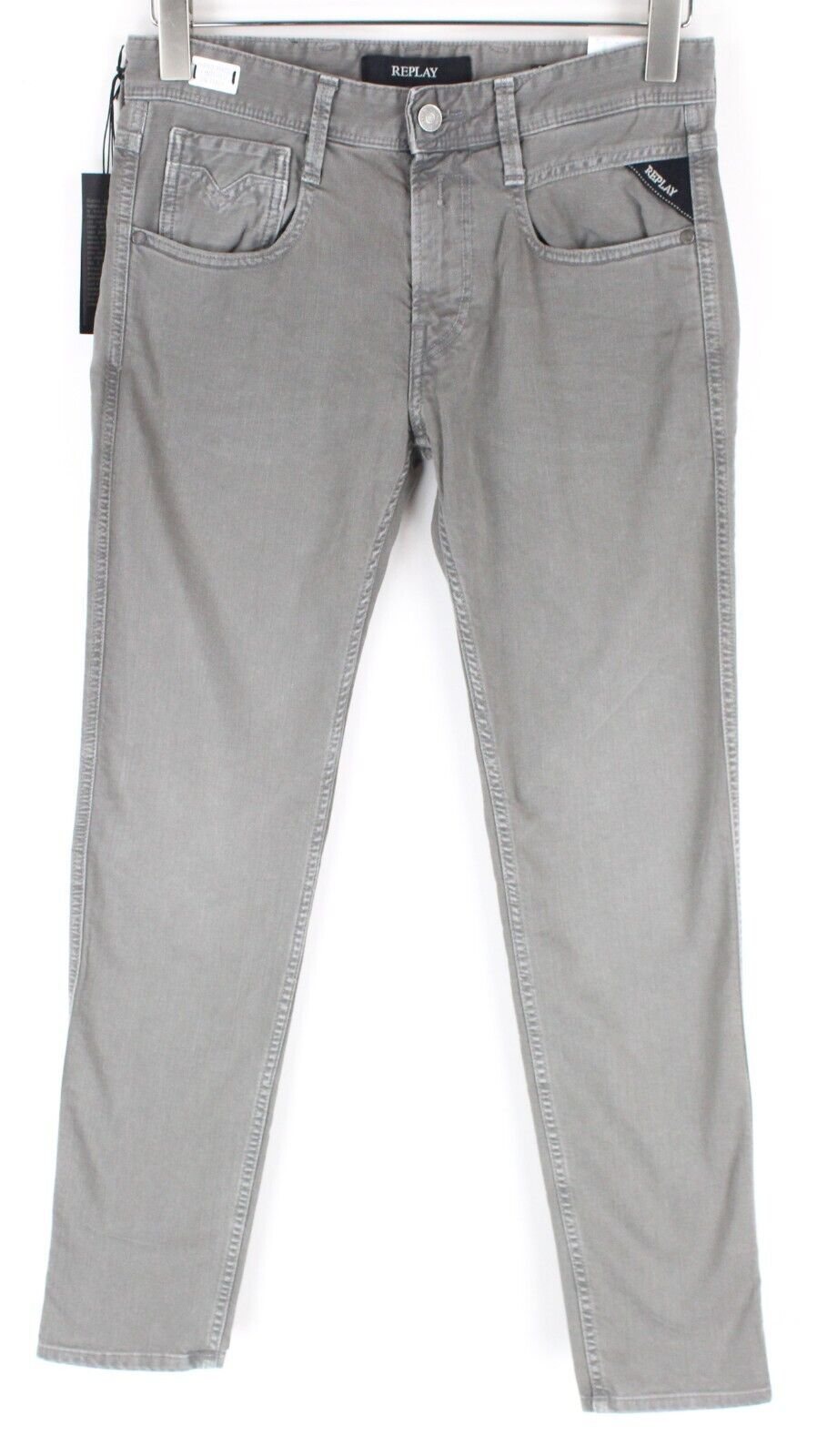 REPLAY Anbass vyriški džinsai W31/L36 pilki skalbtos medvilnės ploni džinsai su 5 kišenėmis, tamprūs 