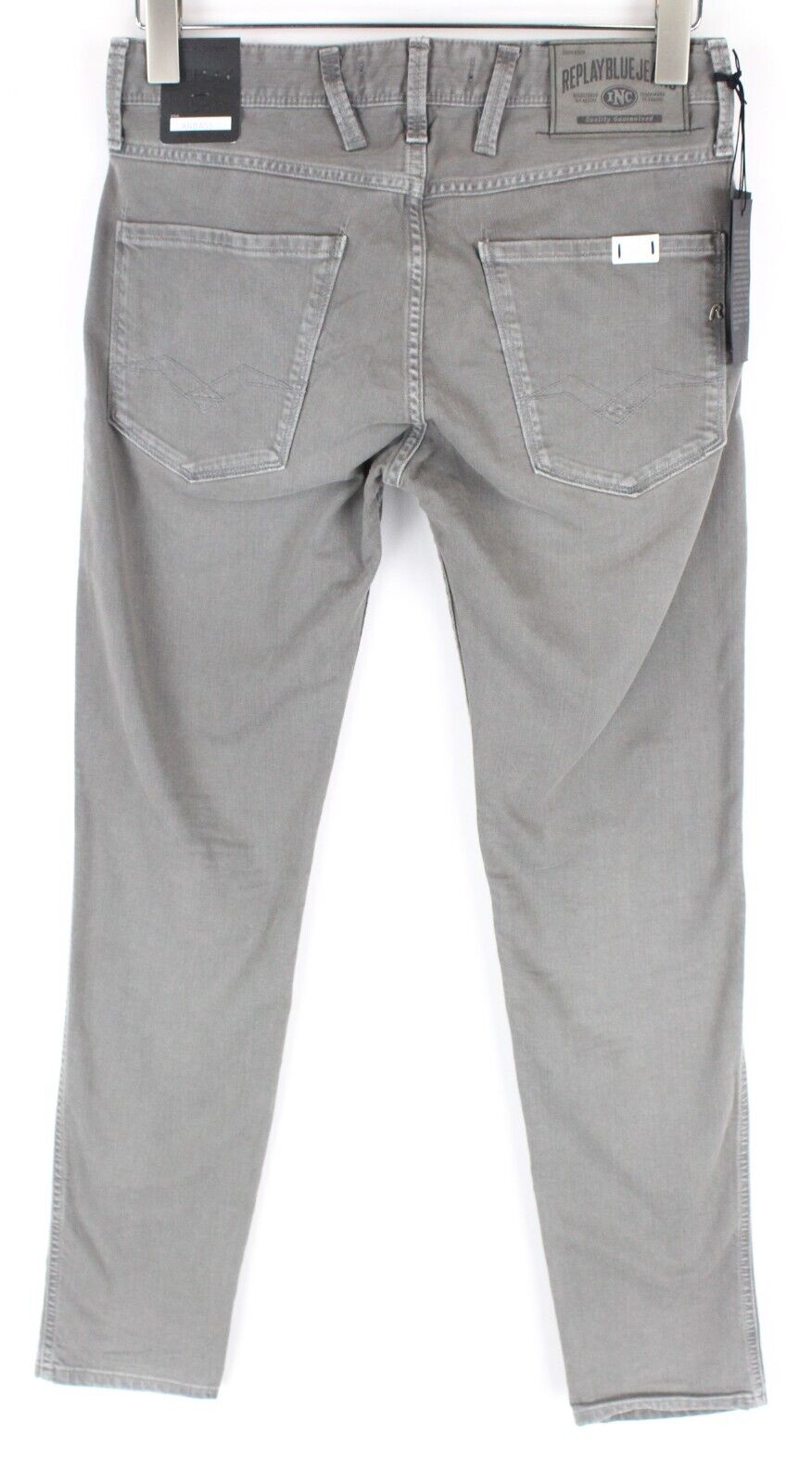REPLAY Anbass vyriški džinsai W31/L36 pilki skalbtos medvilnės ploni džinsai su 5 kišenėmis, tamprūs 