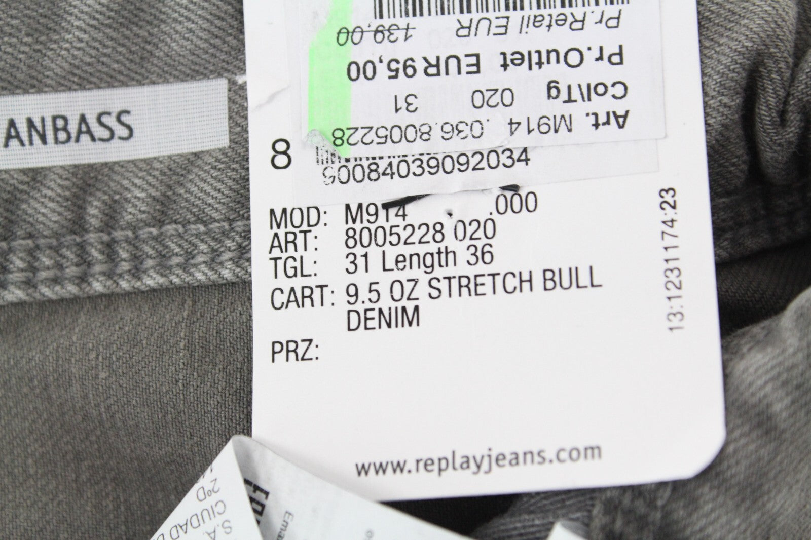 REPLAY Anbass vyriški džinsai W31/L36 pilki skalbtos medvilnės ploni džinsai su 5 kišenėmis, tamprūs 