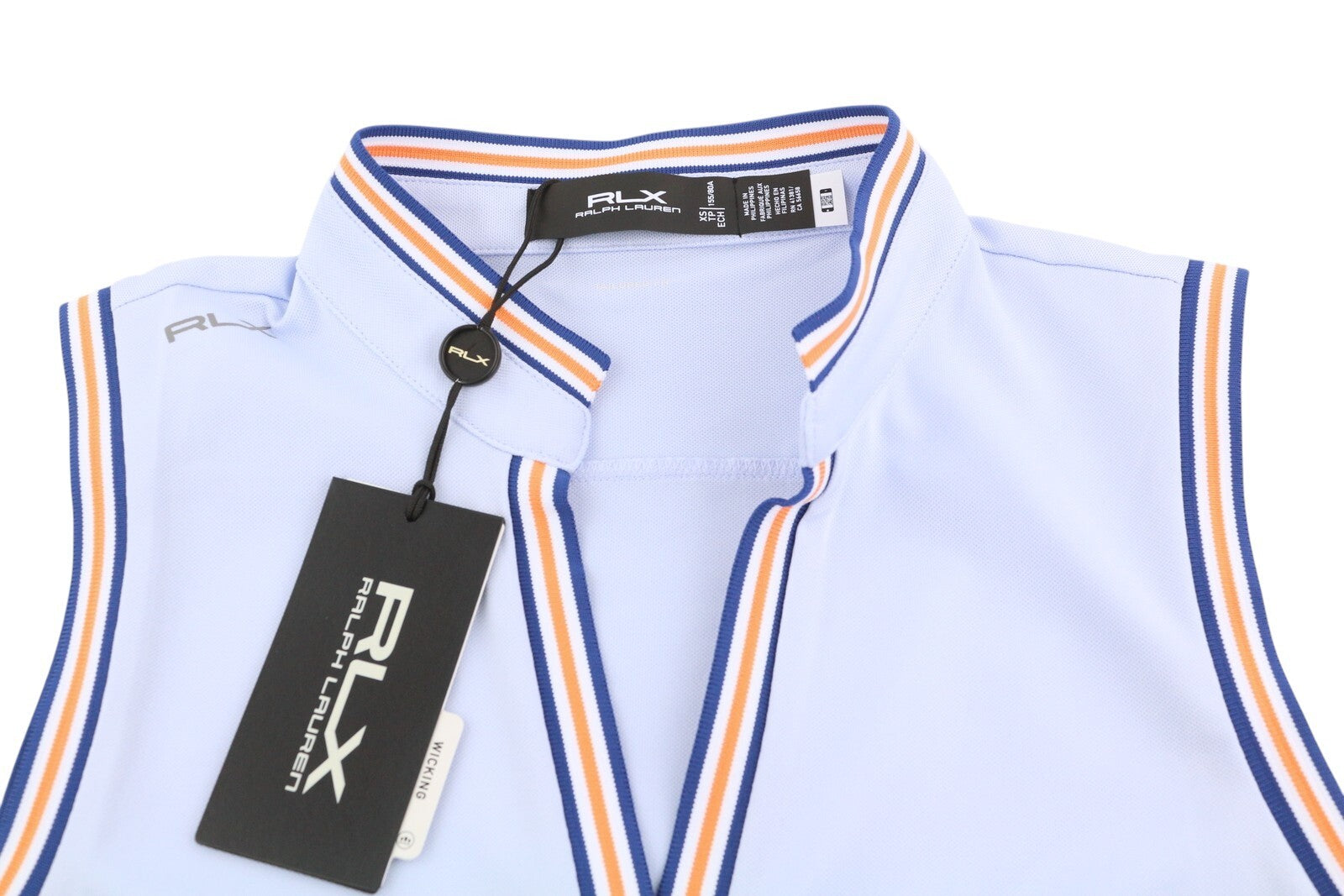 RLX RALPH LAUREN golfo moteriški marškinėliai XS dydžio, mėlyni, be rankovių, su V formos iškirpte, pritaikyta kaina – 125 € 