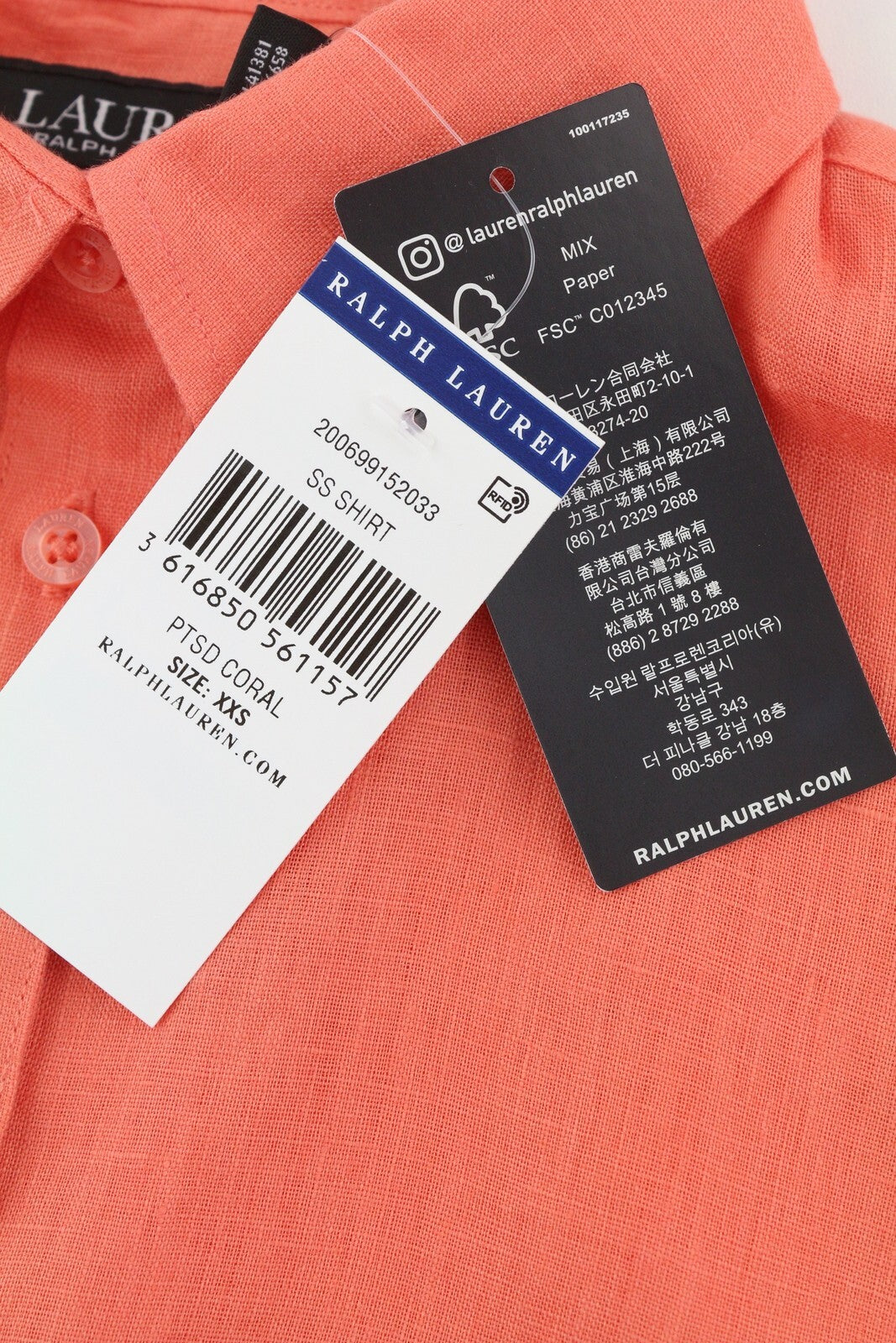 LAUREN RALPH LAUREN moteriški marškinėliai 2XS oranžiniai trumpomis rankovėmis lininiai su sagomis 